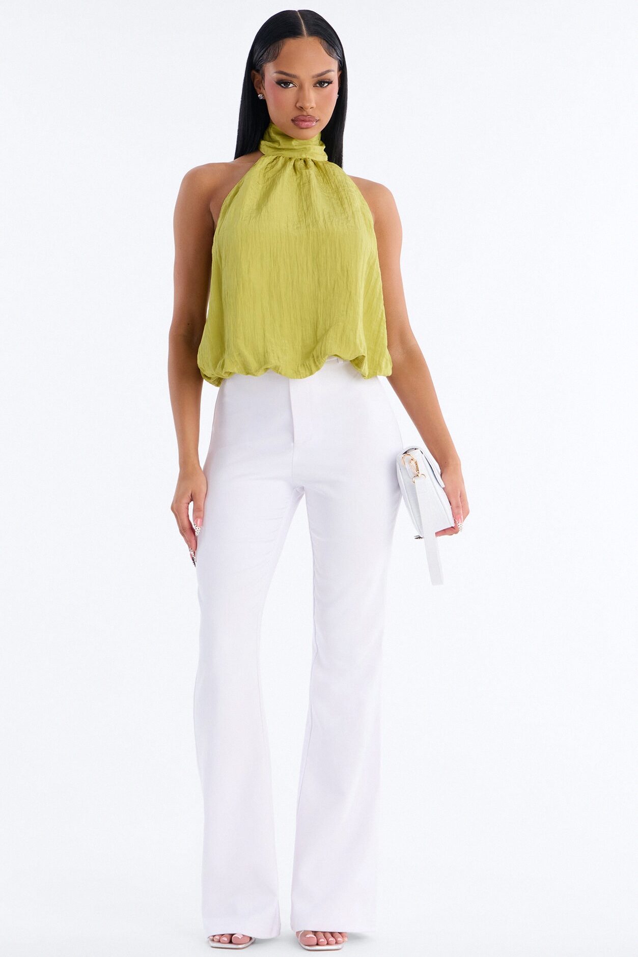 Stay Extra Scarf Plisse Top - Chartreuse