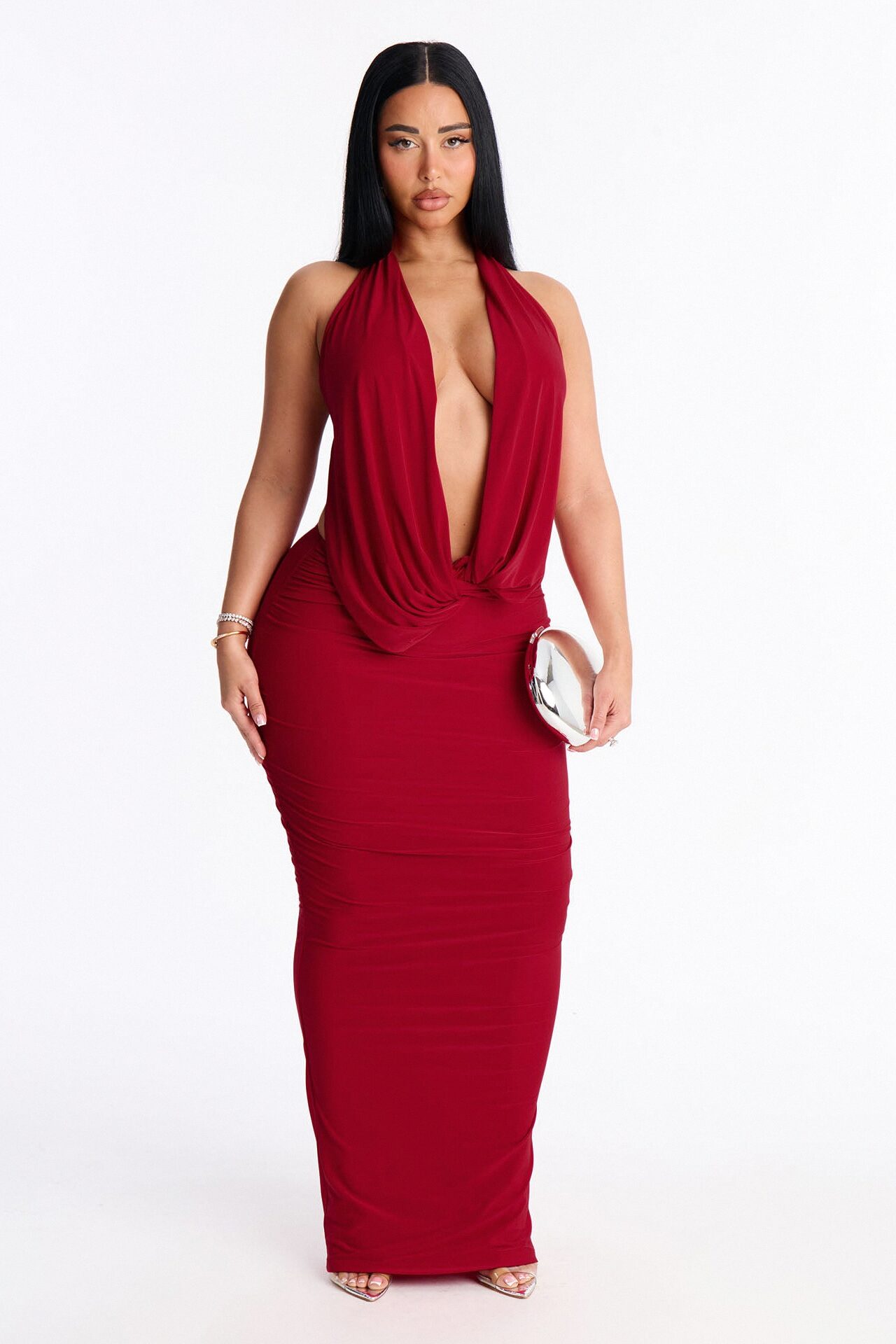 Hilana Draped Cowl Neck Backless Maxi Dress - Red