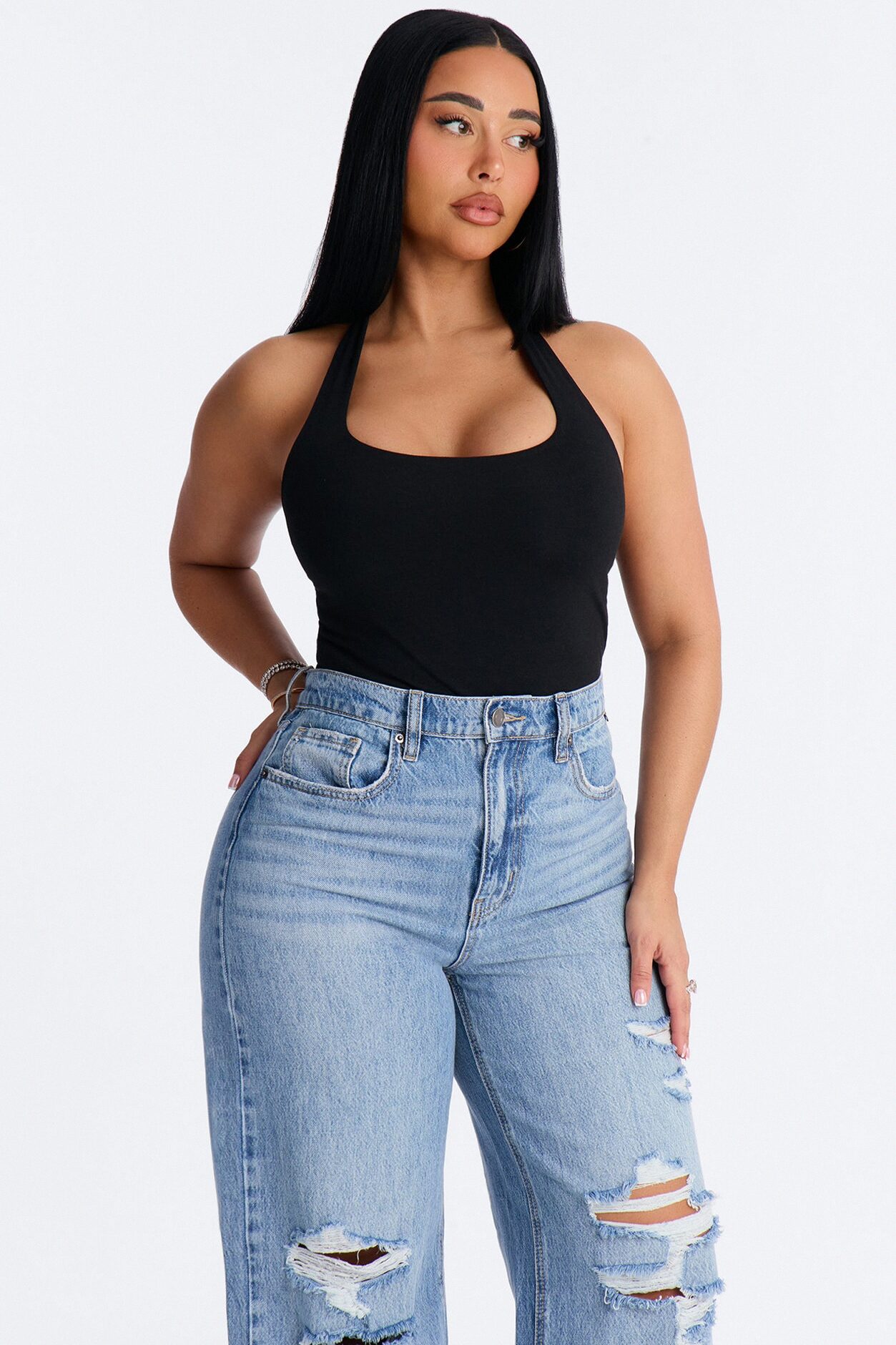 Kayla Double Lined Halter Bodysuit - Black