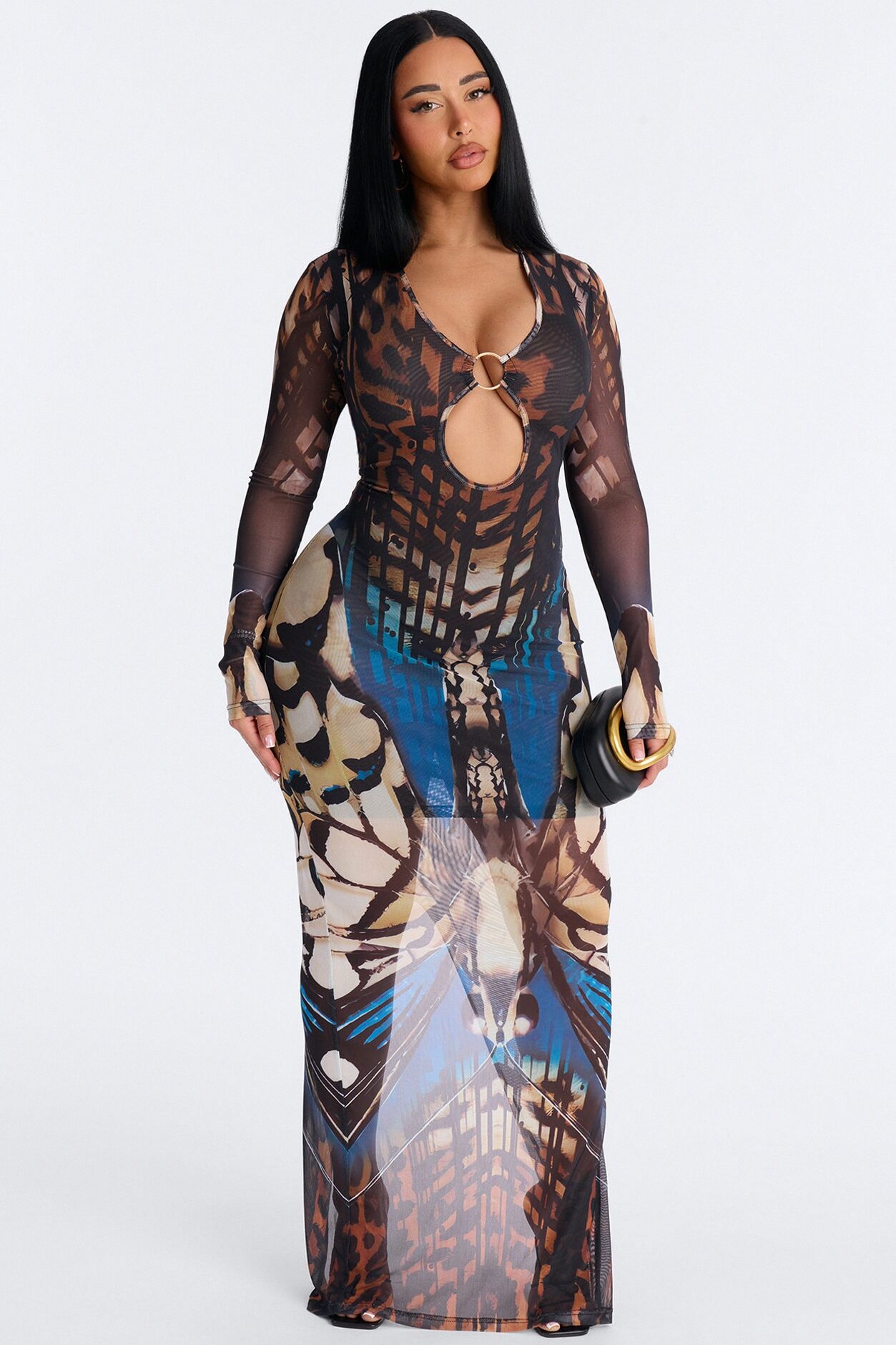 Serena Print Mesh Maxi Dress - Brown/combo