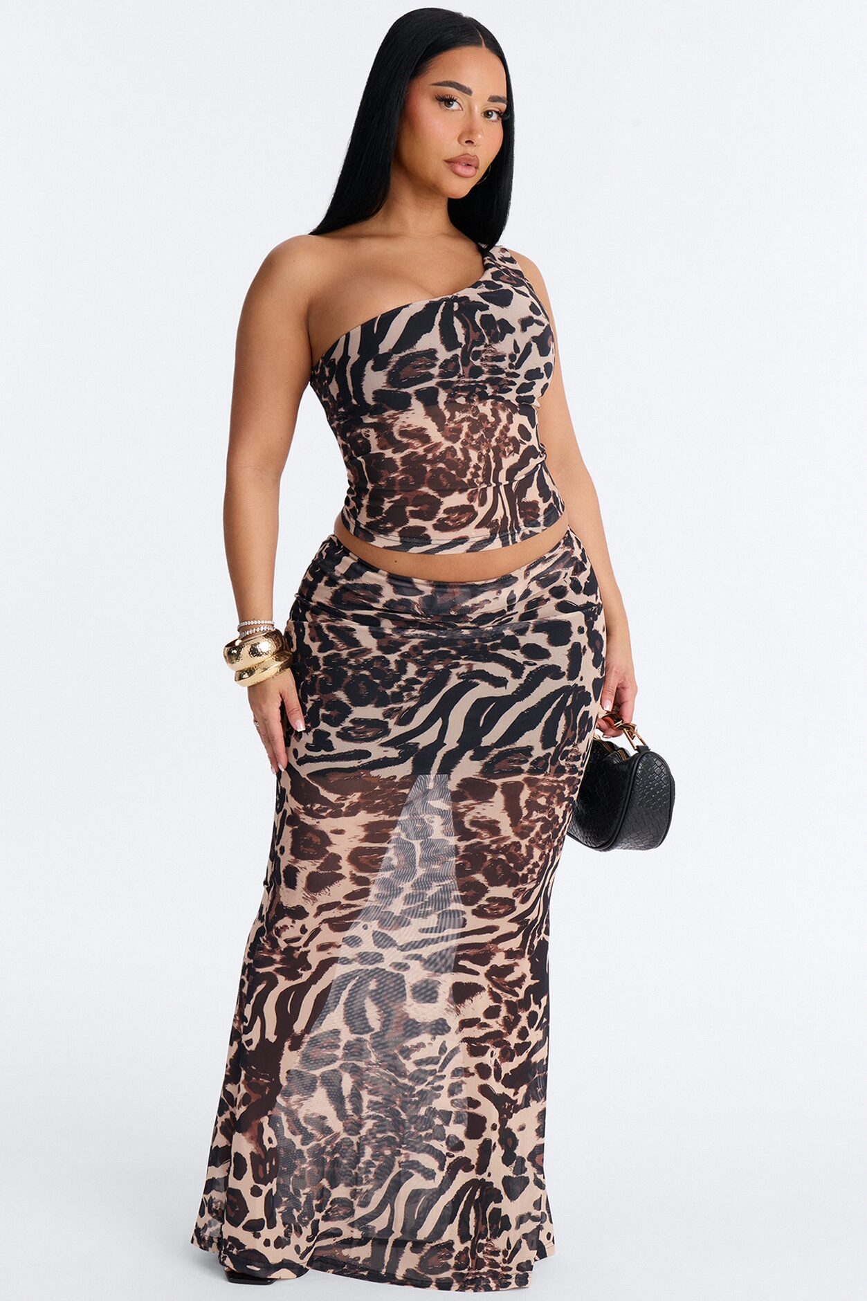Mona One Shoulder Maxi Skirt Set - Brown/combo