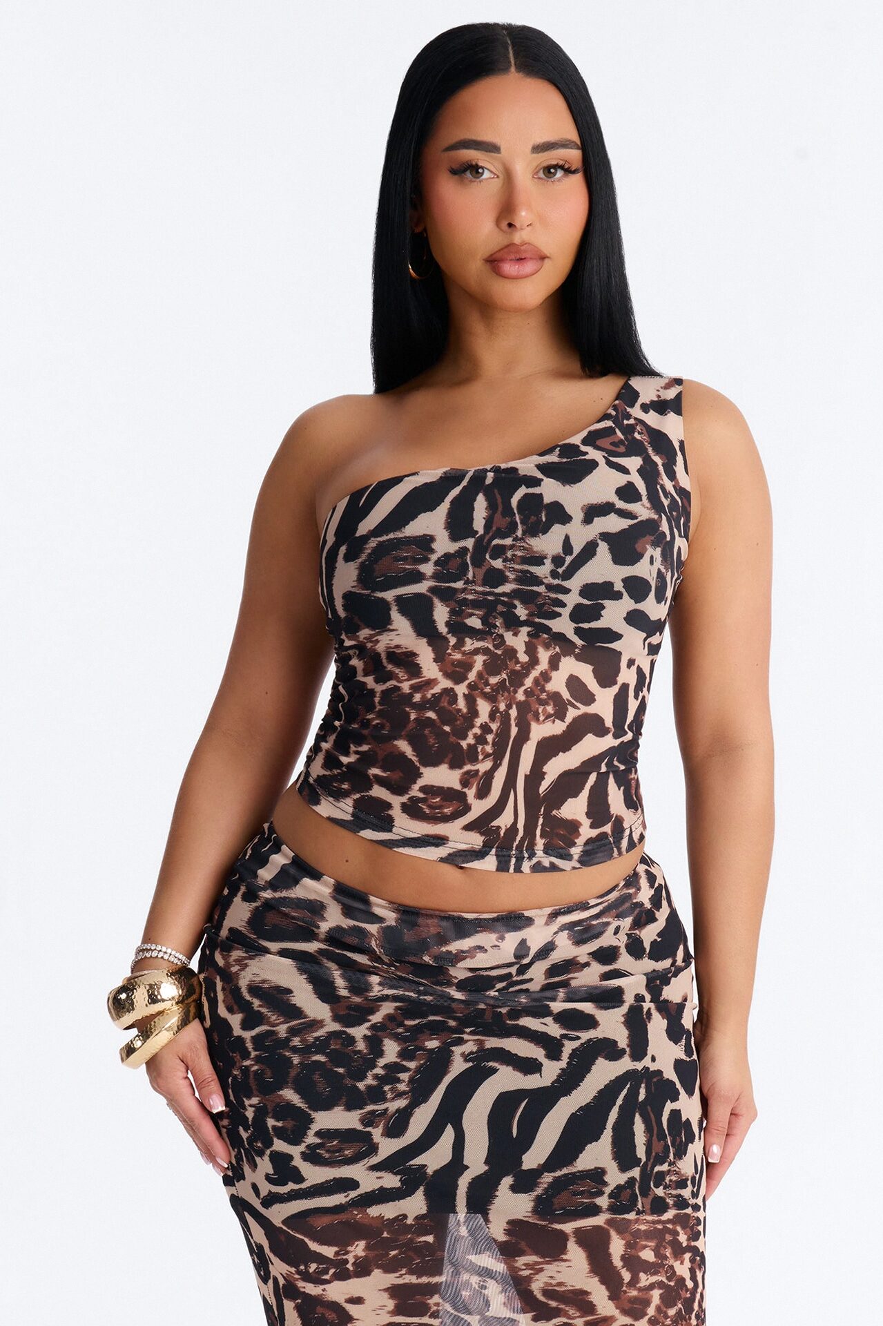 Mona One Shoulder Maxi Skirt Set - Brown/combo