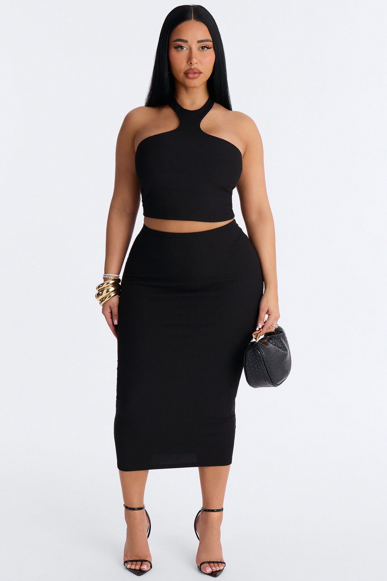 Trixie Ribbed Halter Skirt Set - Black