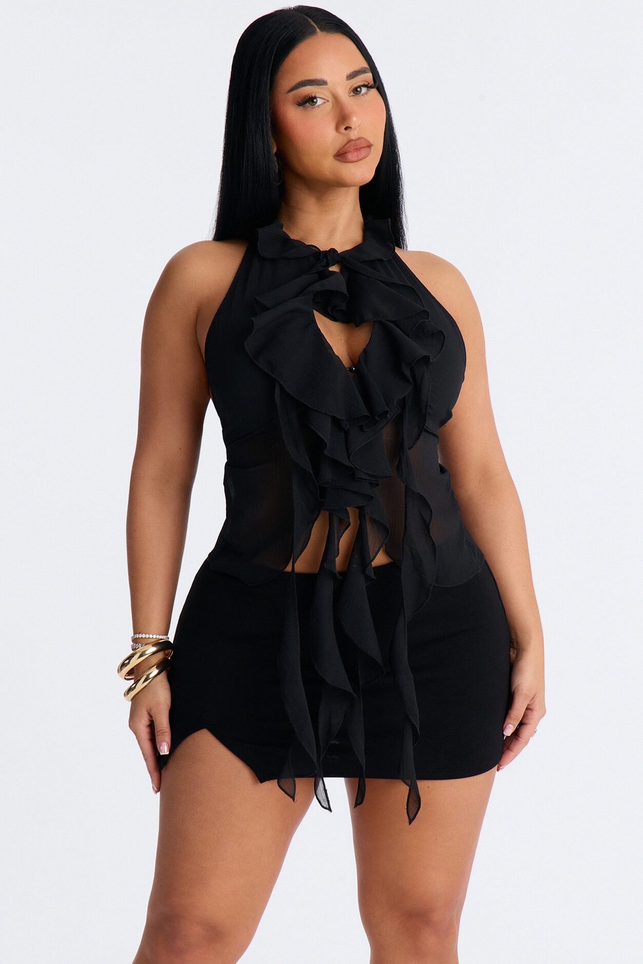 Something Sweet Ruffle Chiffon Halter Top - Black