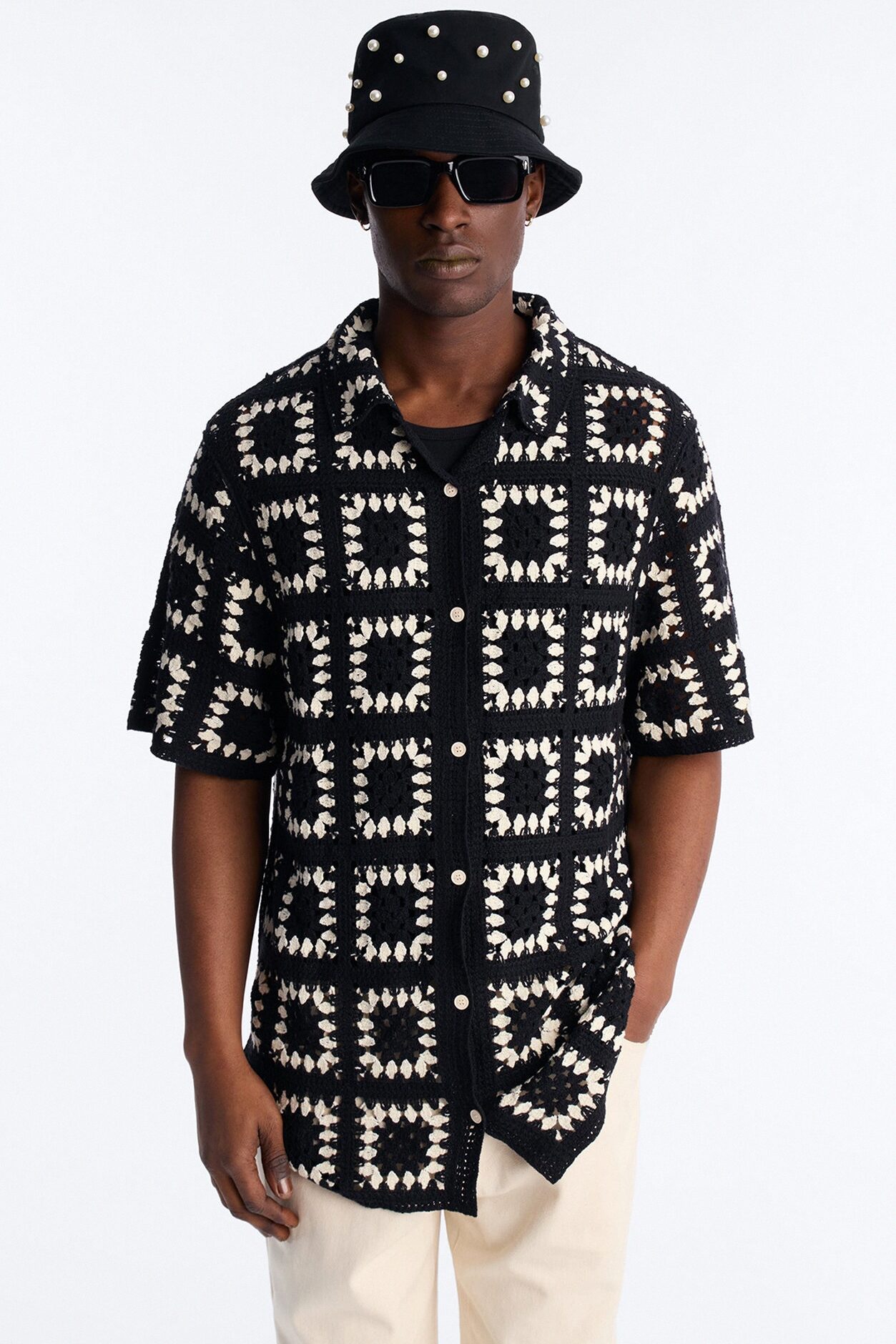 Coastal Crochet Button Up Shirt - Black