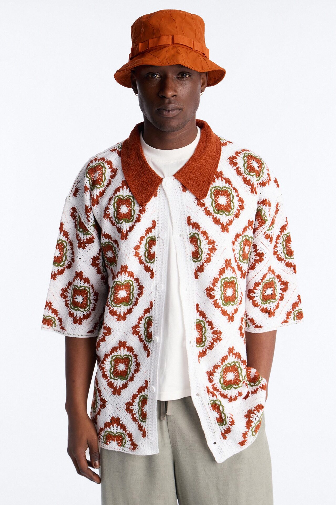 Kaleido Bloom Crochet Button Up Shirt - Green