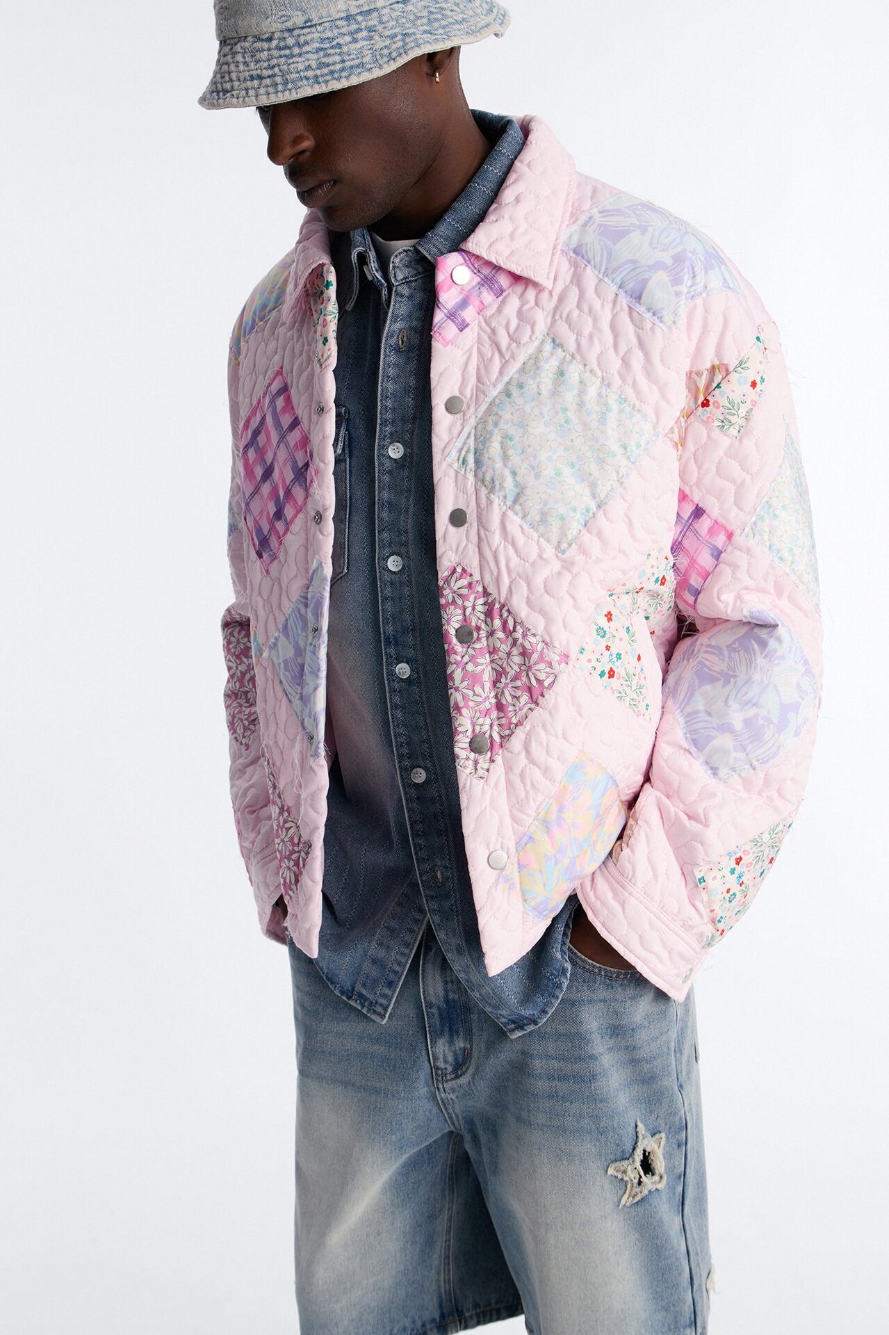 Cropped Quilted Frayed Patchwork Work Jacket - Pink