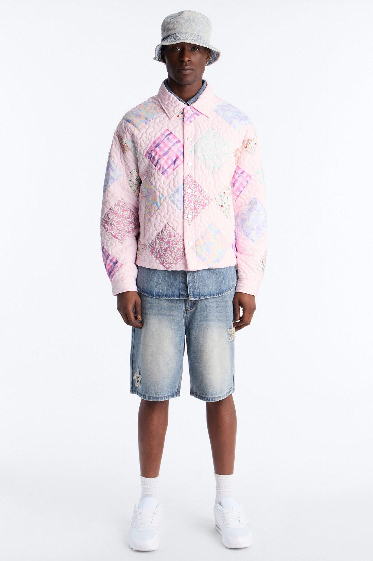 Cropped Quilted Frayed Patchwork Work Jacket - Pink