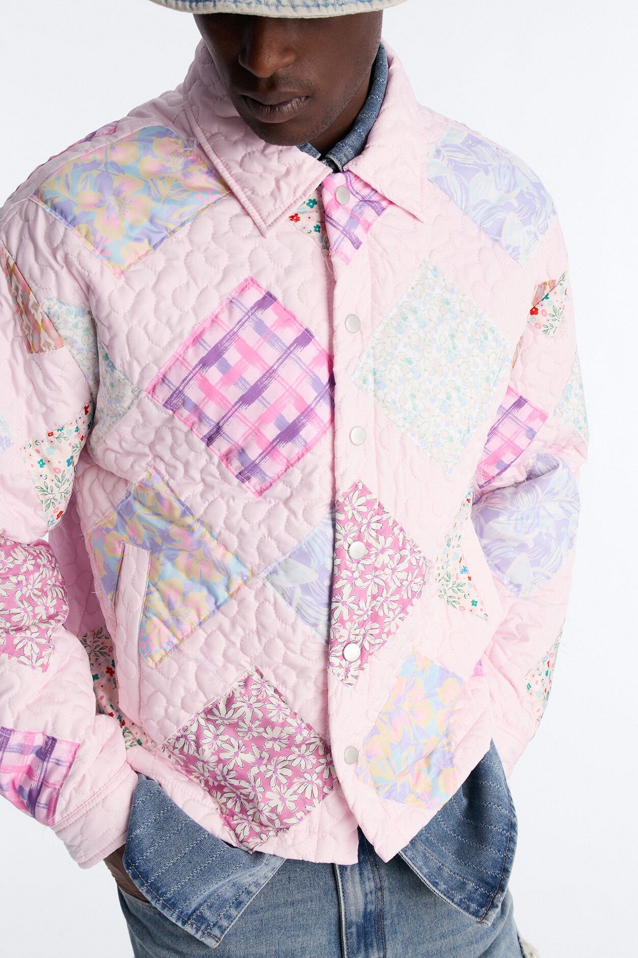Cropped Quilted Frayed Patchwork Work Jacket - Pink