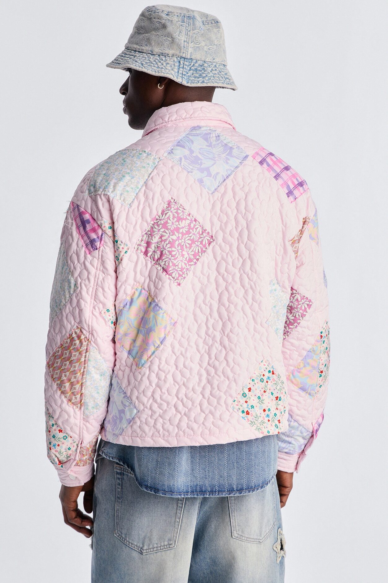 Cropped Quilted Frayed Patchwork Work Jacket - Pink