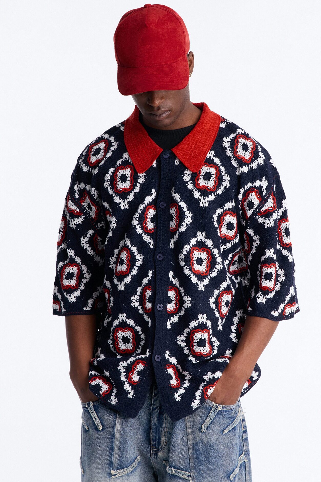 Kaleido Bloom Crochet Button Up Shirt - Navy