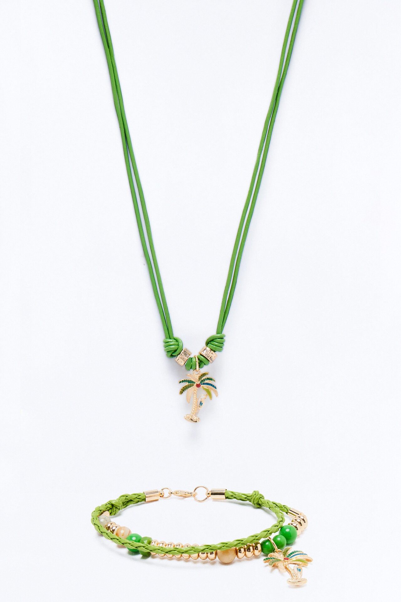 Paradise Faux Leather Cording Necklace And Bracelet Set - Gold/Green