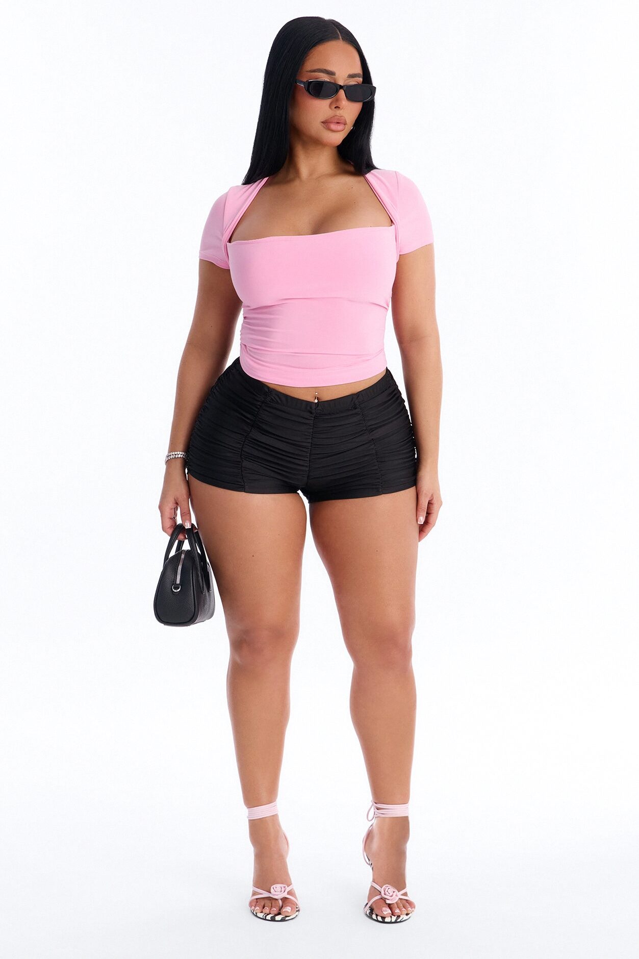 Emilie Ruched Square Neck Short Sleeve Top - Pink