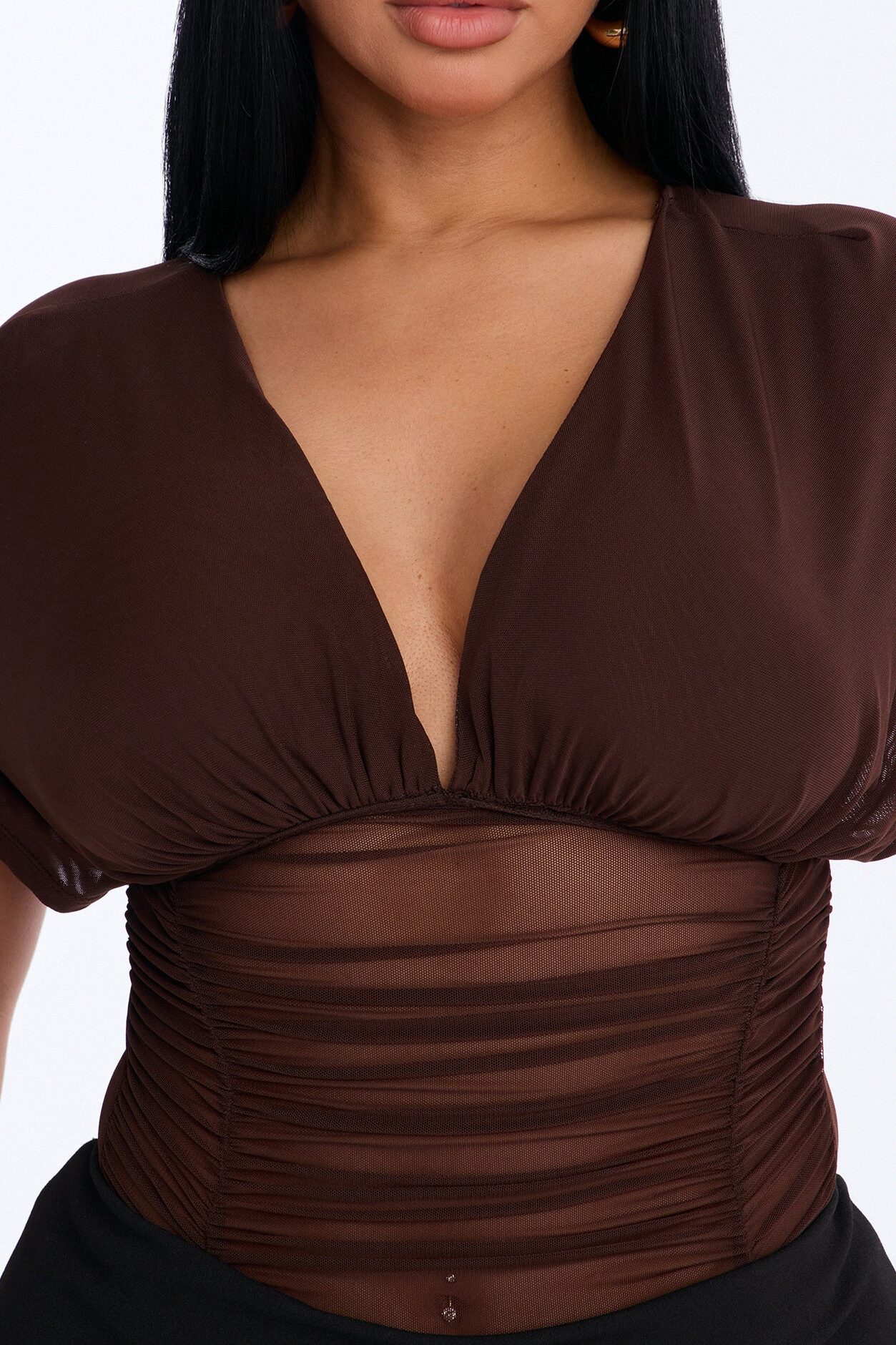 Leilani Sheer Mesh Ruched Short Sleeve Bodysuit - Brown