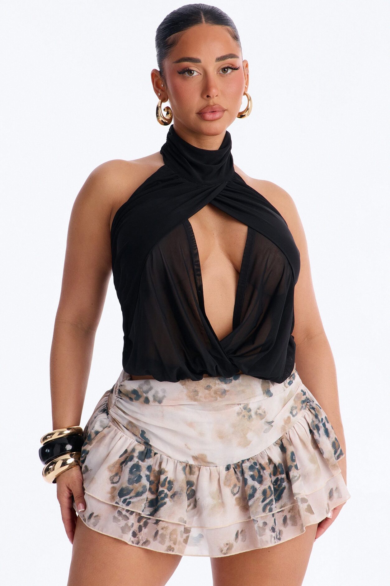 Divine Ease Sheer Mesh Ruched Halter Top - Black