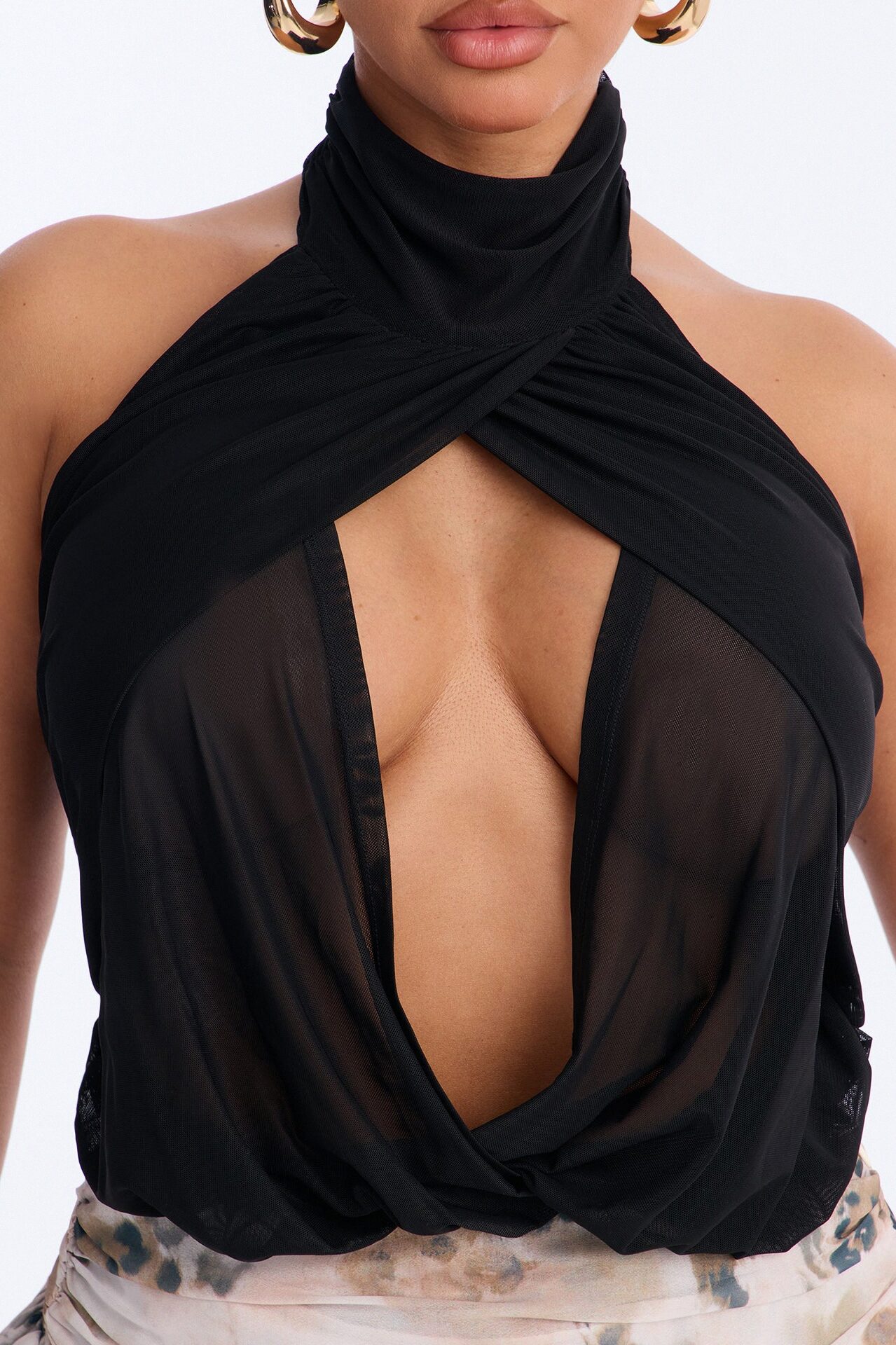 Divine Ease Sheer Mesh Ruched Halter Top - Black
