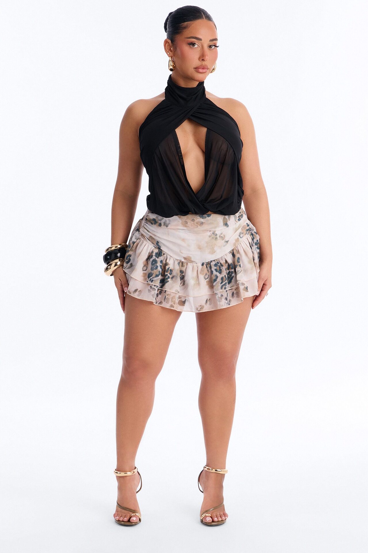 Rare Type Chiffon Leopard Print Mini Skirt - Taupe/combo