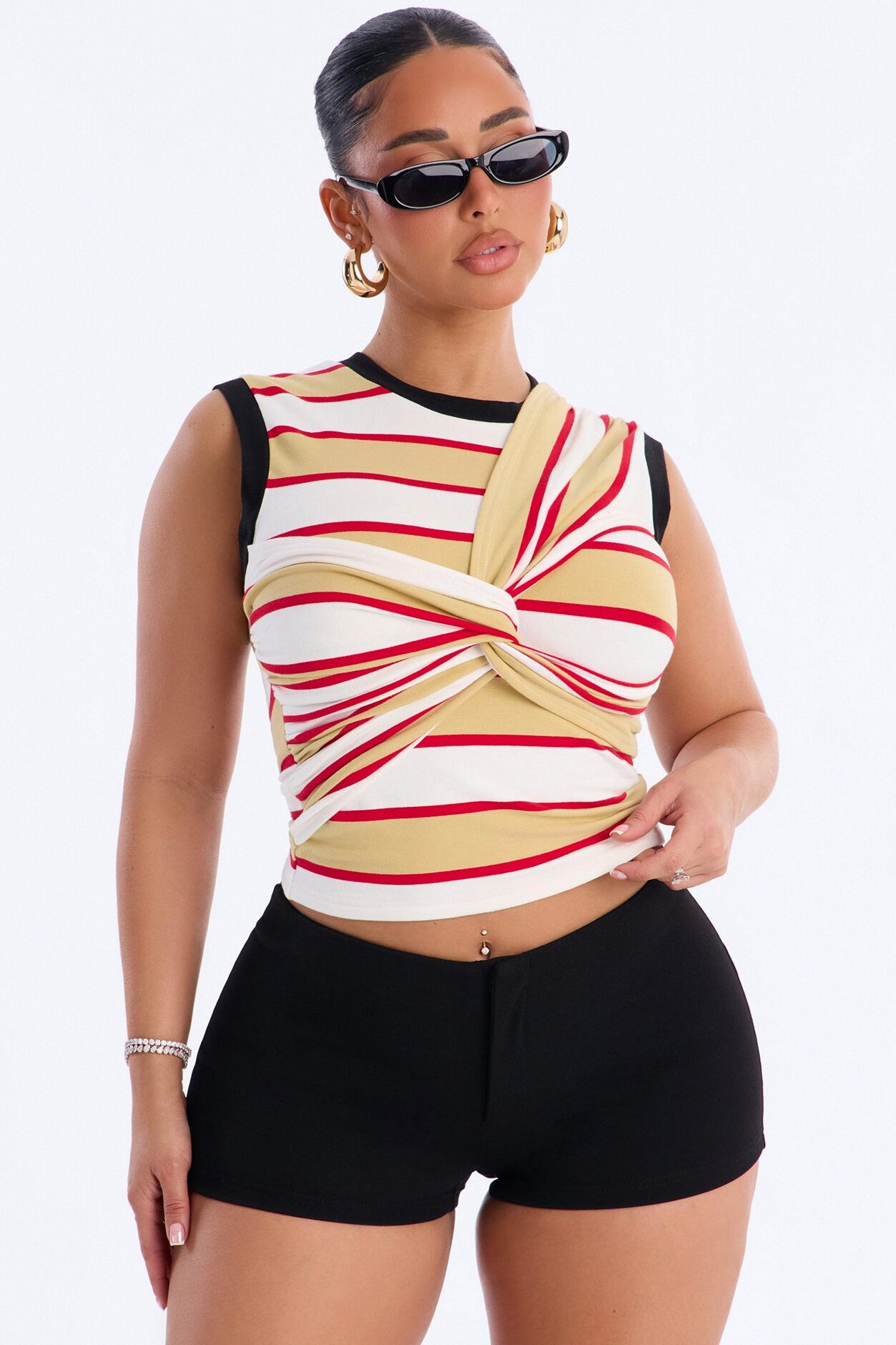 Jackie Striped Sleeveless Twist T-Shirt - Yellow/combo