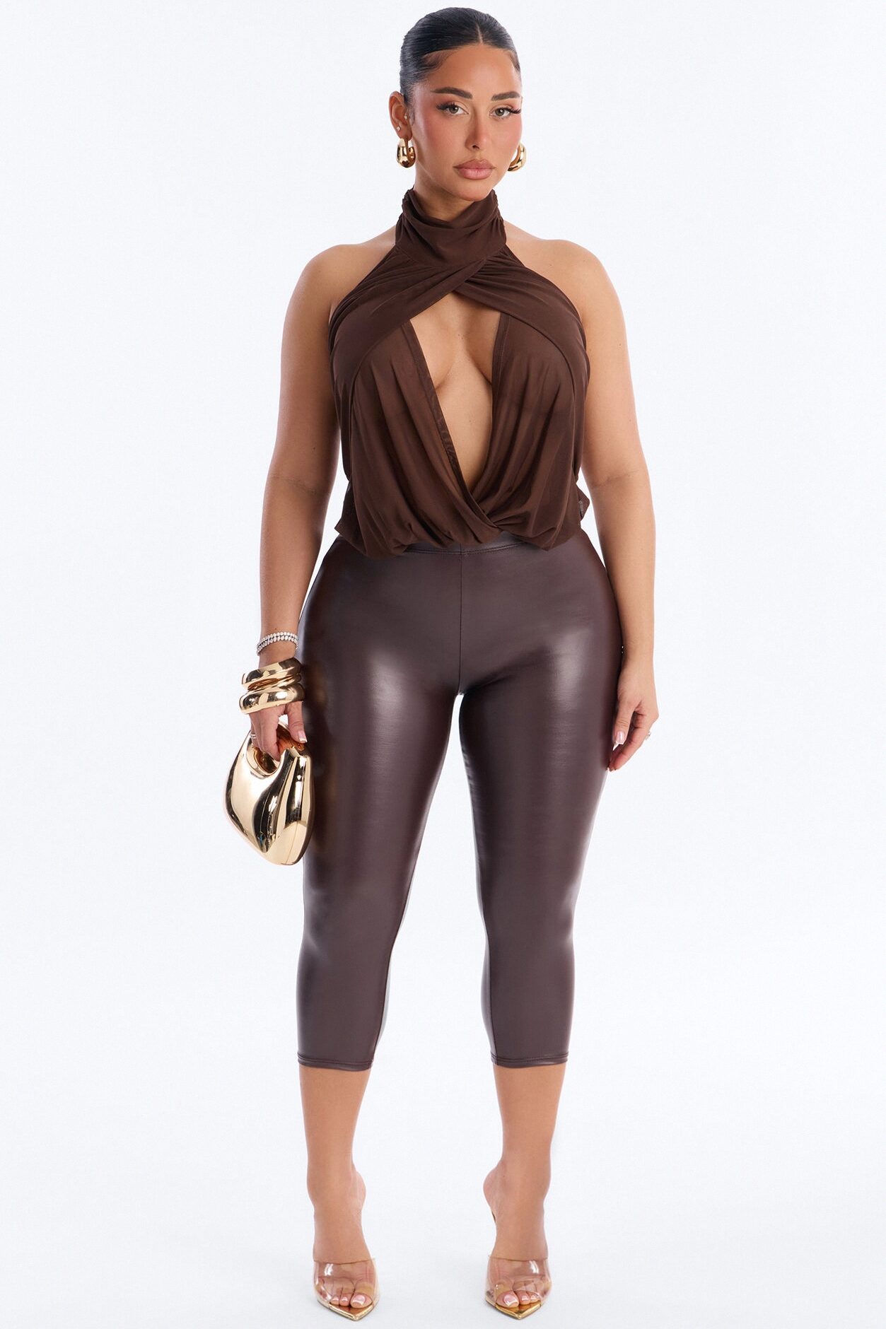 Divine Ease Sheer Mesh Ruched Halter Top - Chocolate