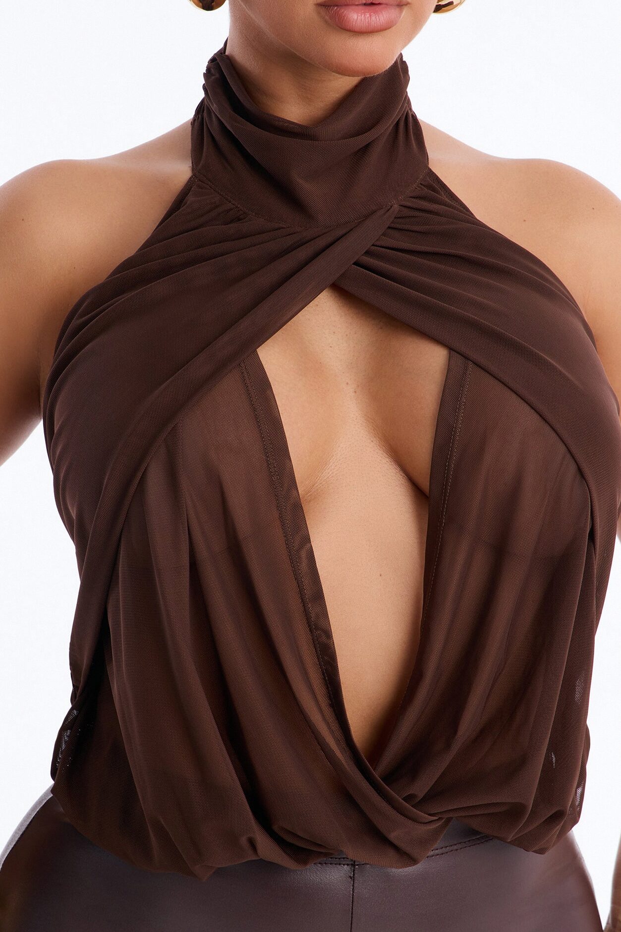 Divine Ease Sheer Mesh Ruched Halter Top - Chocolate