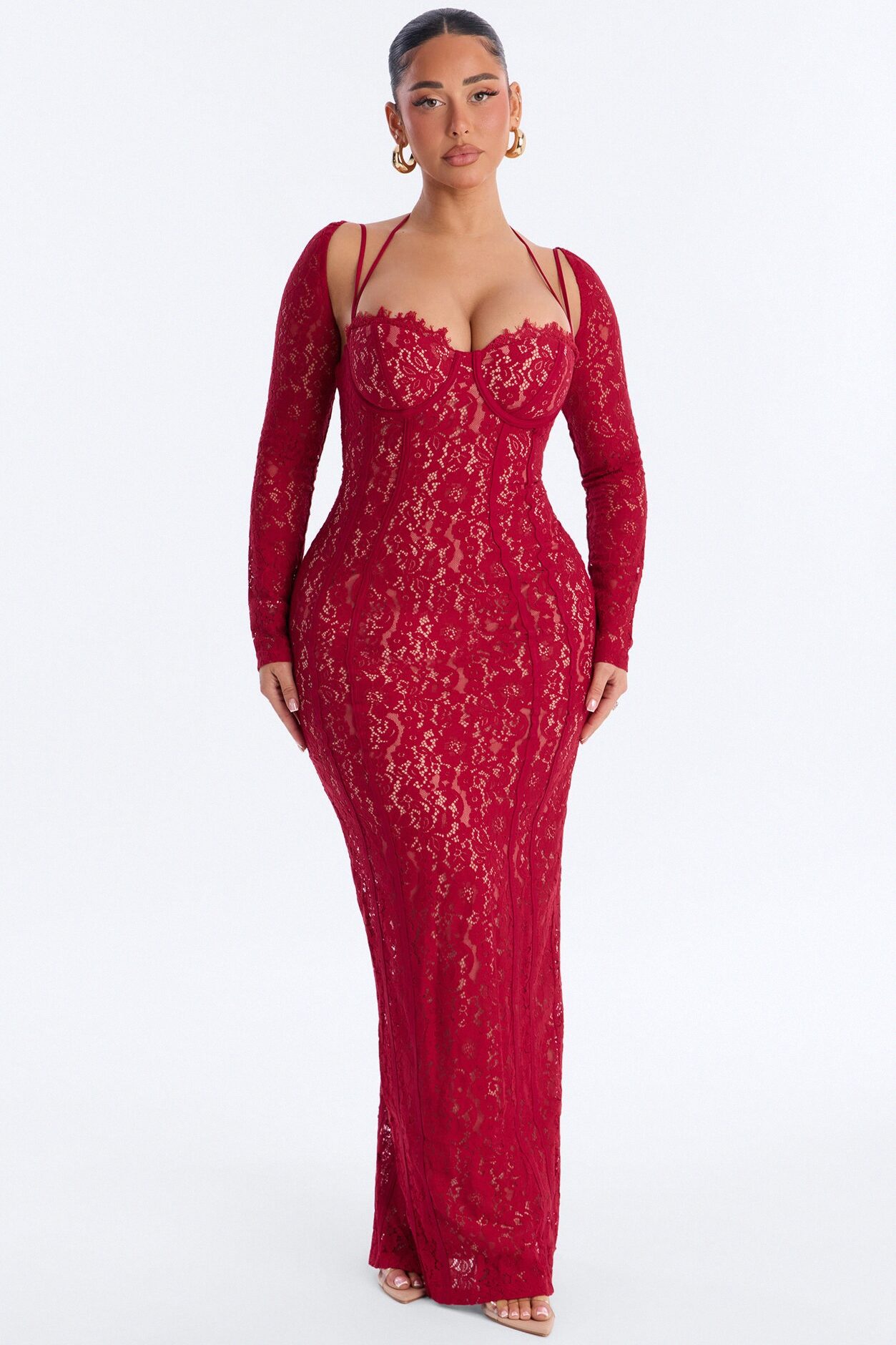 Cleo Long Sleeve Lace Maxi Dress - Red