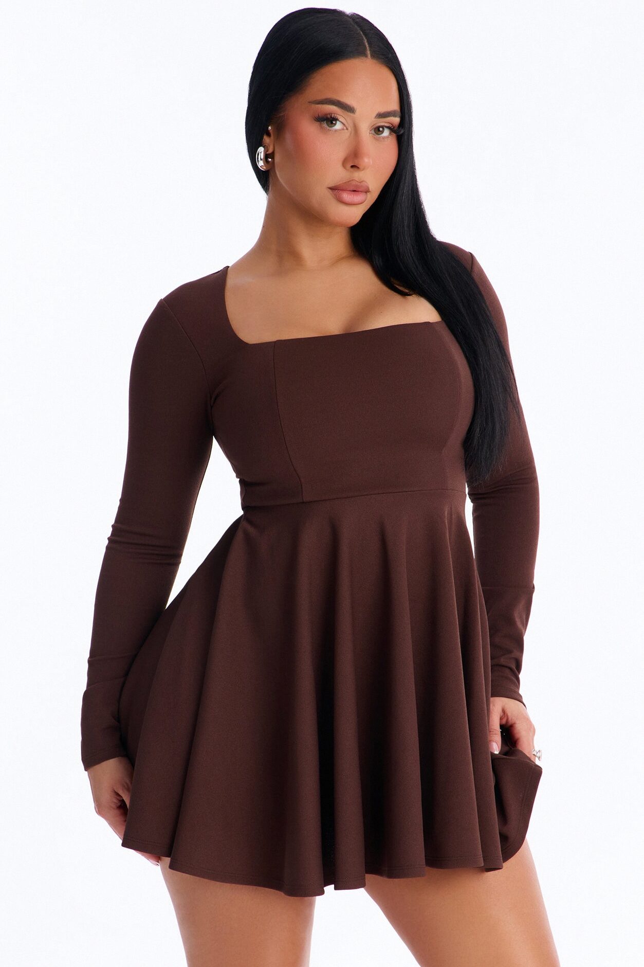 Alena Long Sleeve Mini Dress - Chocolate