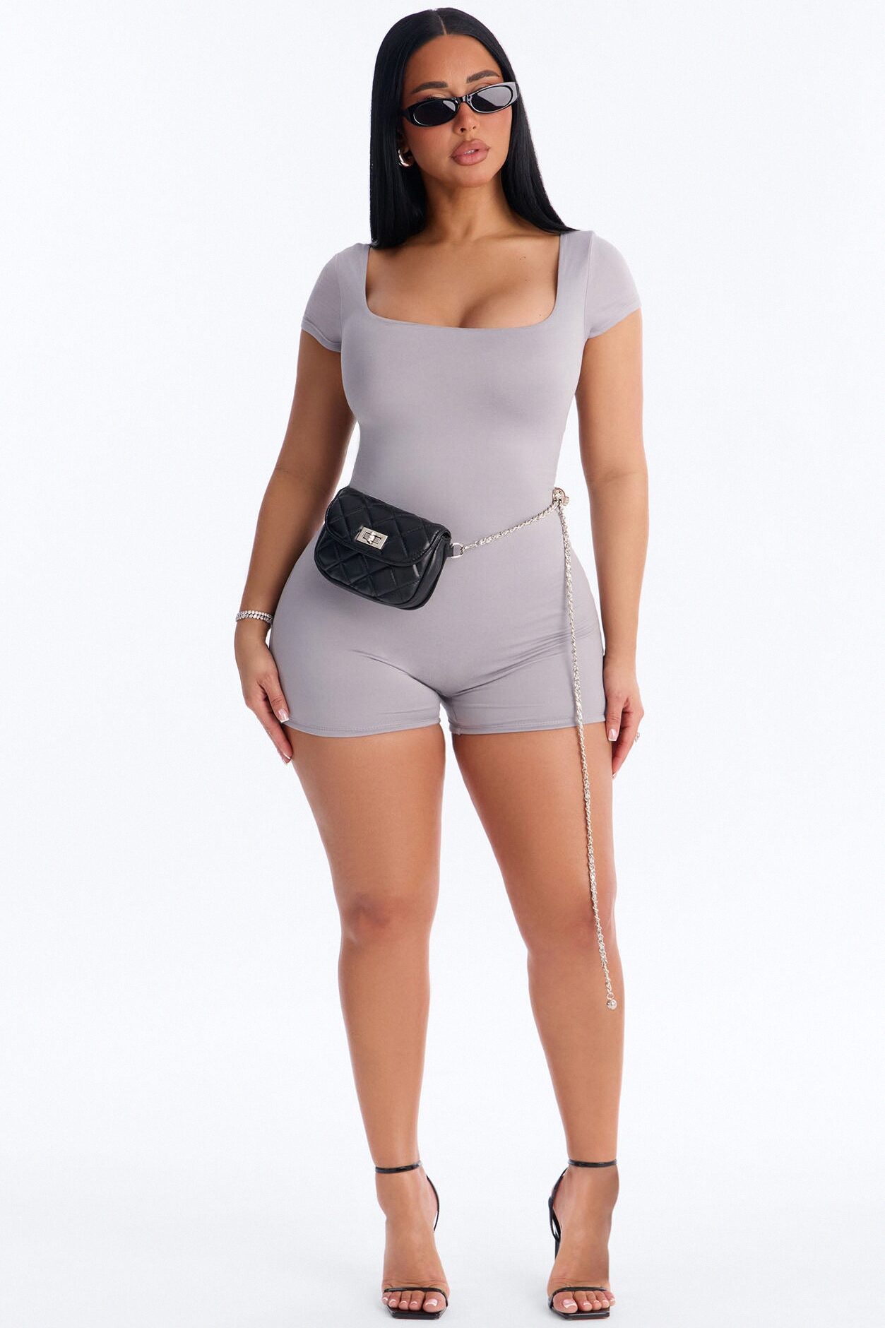 Mindy Double layer Square Neck Romper - Light Grey