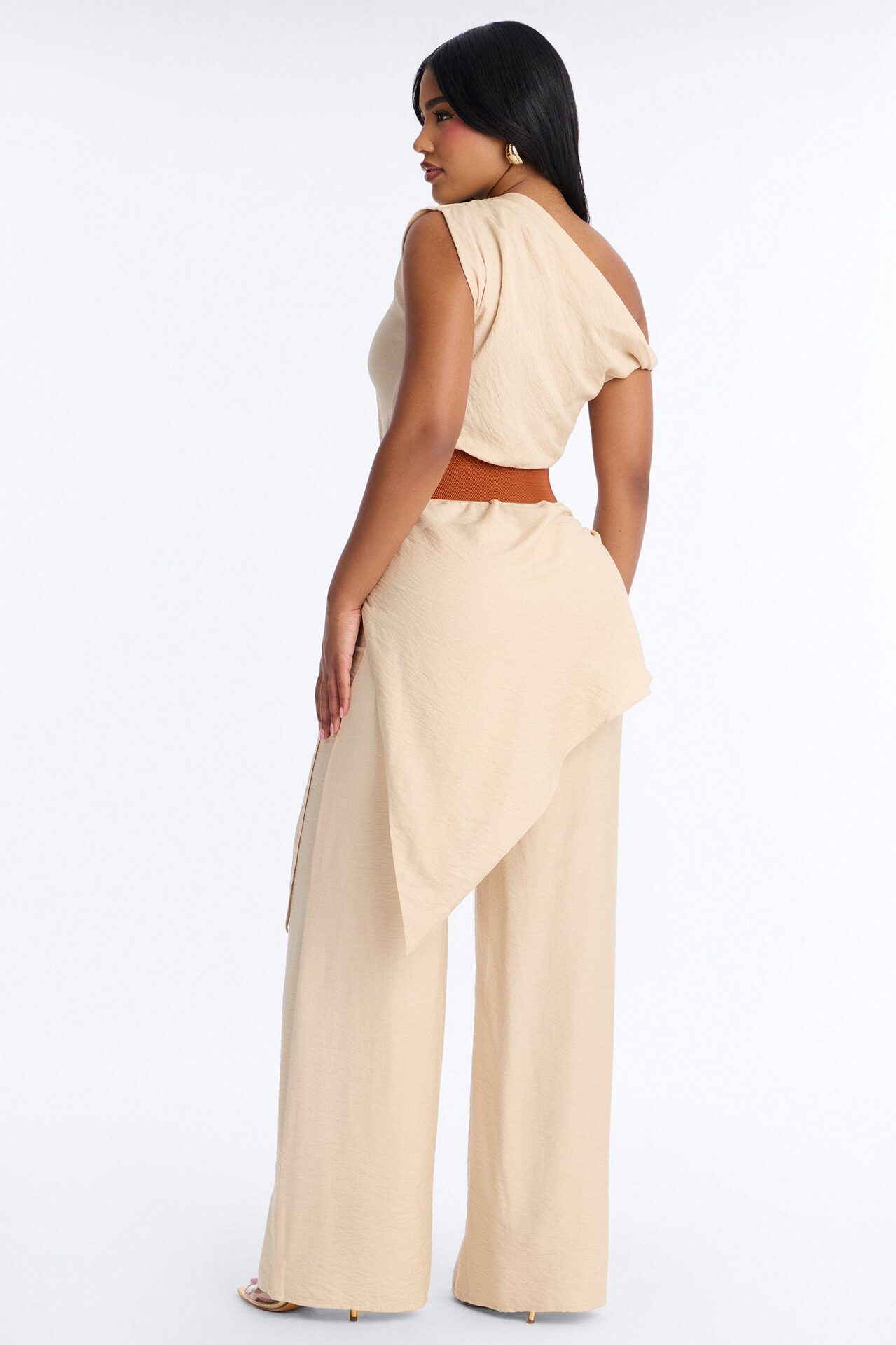 Willow Belted Asymmetrical Pant Set - Beige