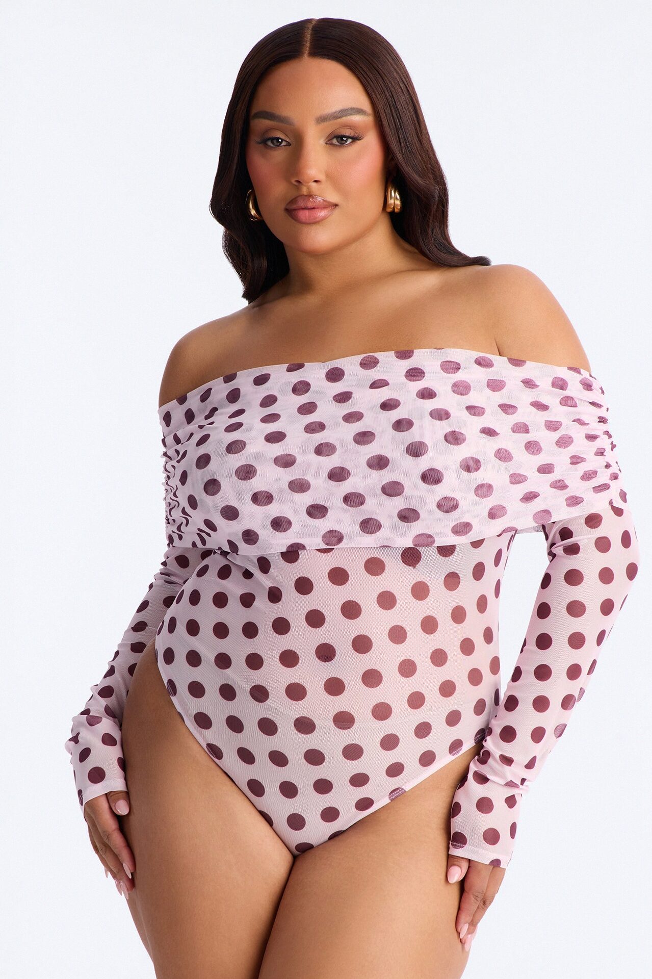 Lily Off Shoulder Polka Dot Mesh Long Sleeve Bodysuit - Pink/combo