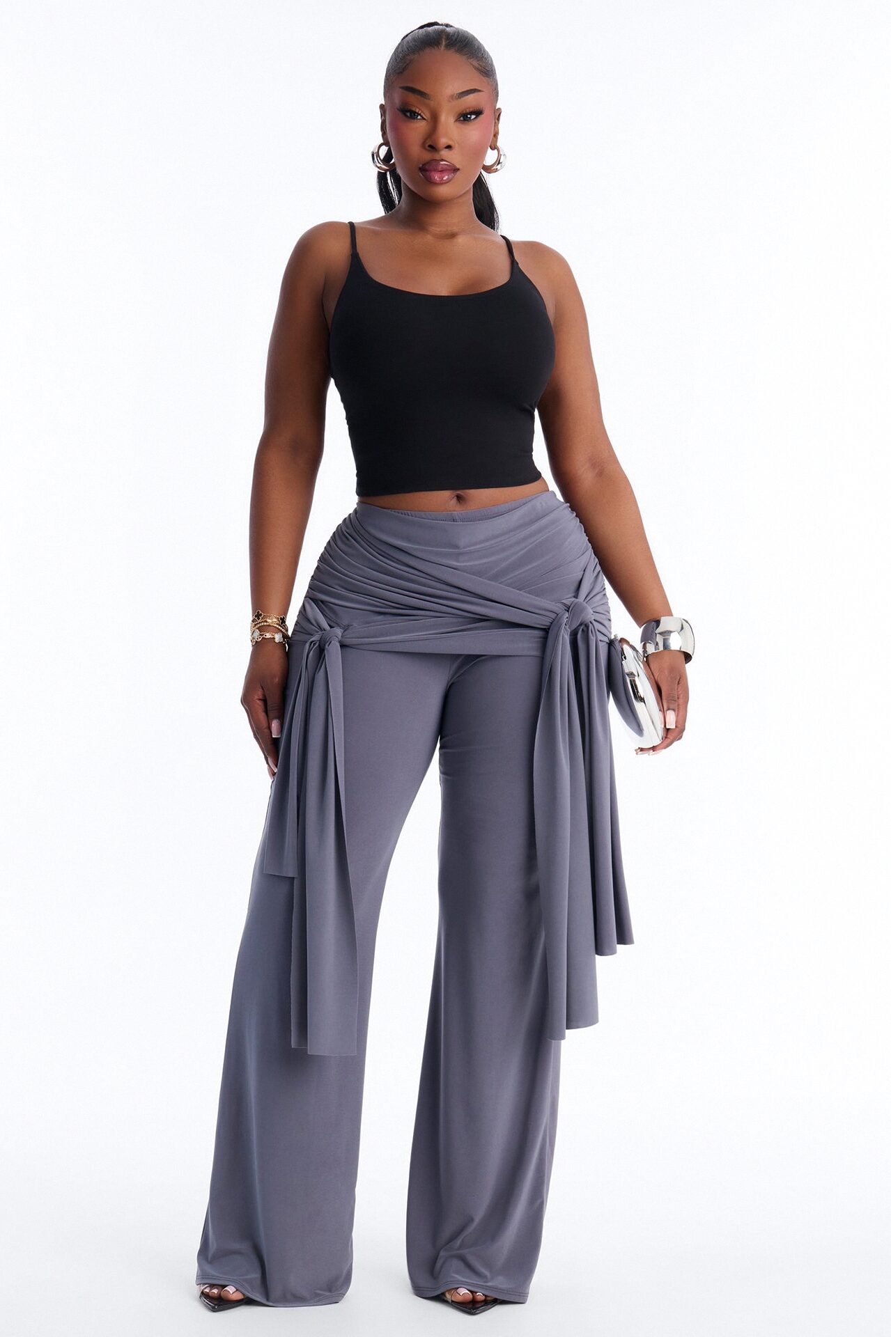 Sakura High Rise Tie Waist Flare Pants - Charcoal