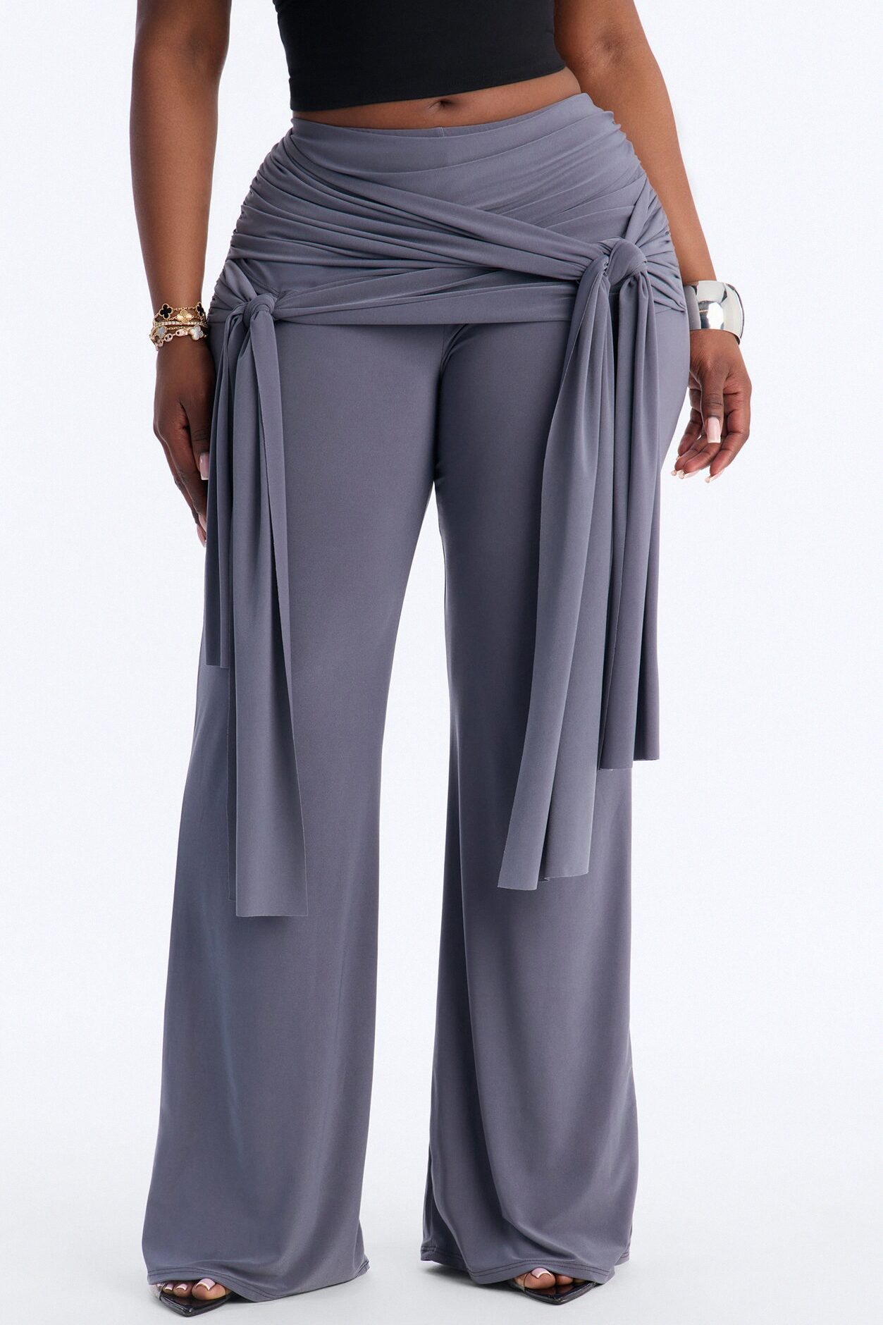 Sakura High Rise Tie Waist Flare Pants - Charcoal