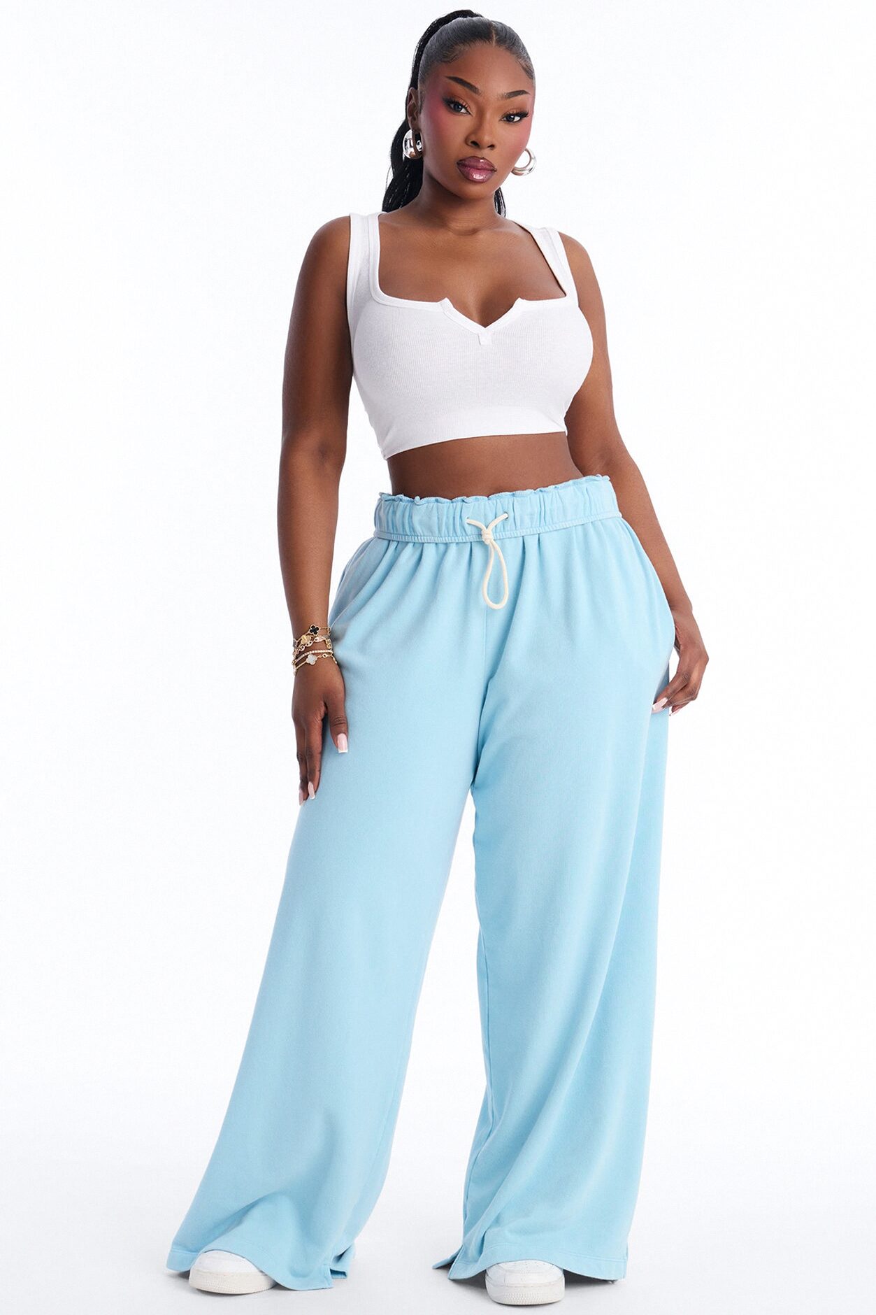 Sophia French Terry Foldover Waist Washed Sweatpant - Blue