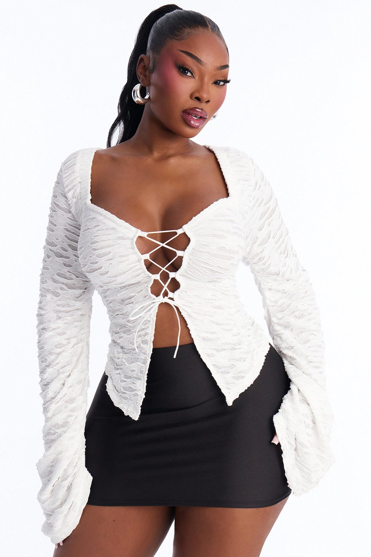 Tiana Textured Lace Up Long Sleeve Flyaway Top - White