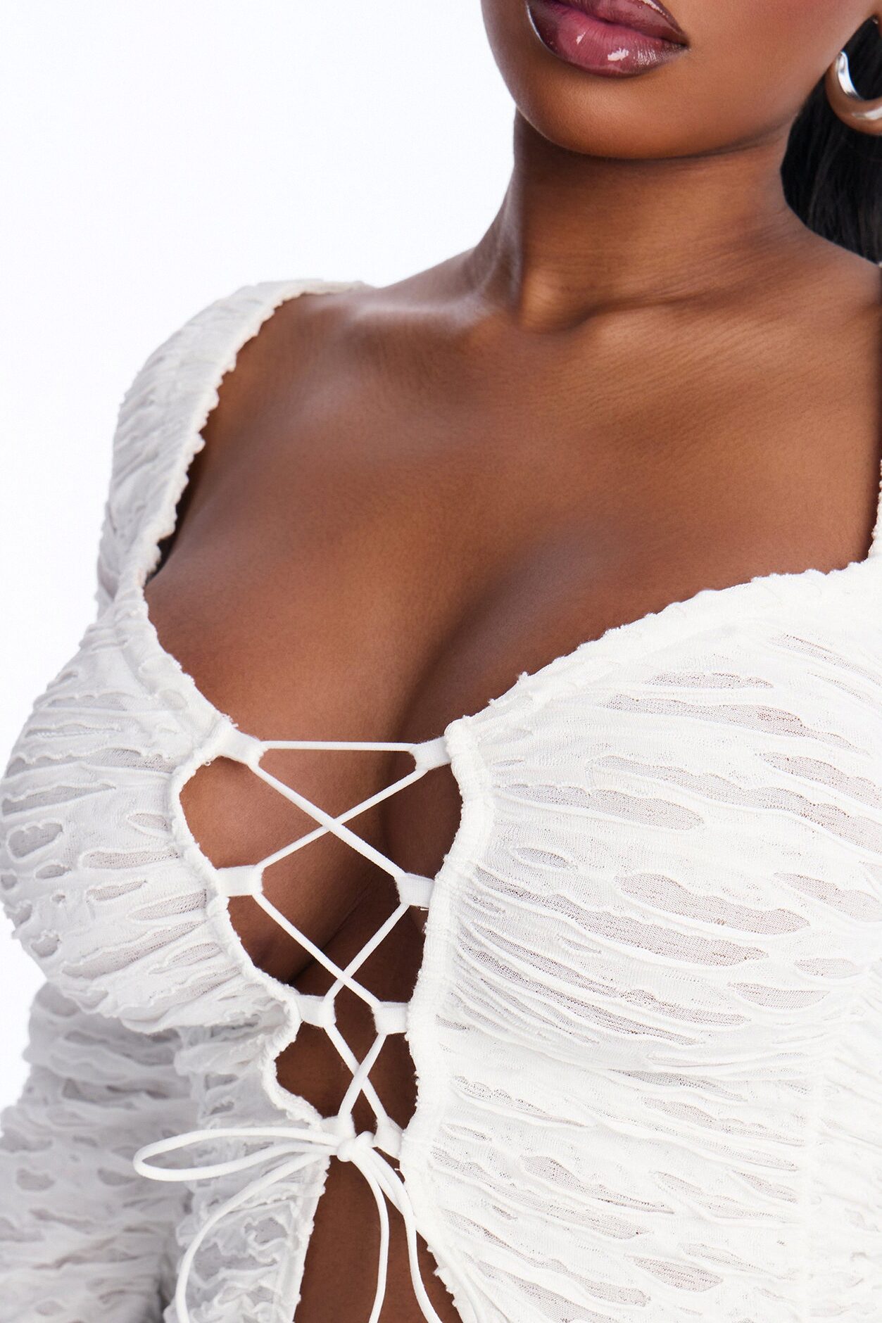 Tiana Textured Lace Up Long Sleeve Flyaway Top - White