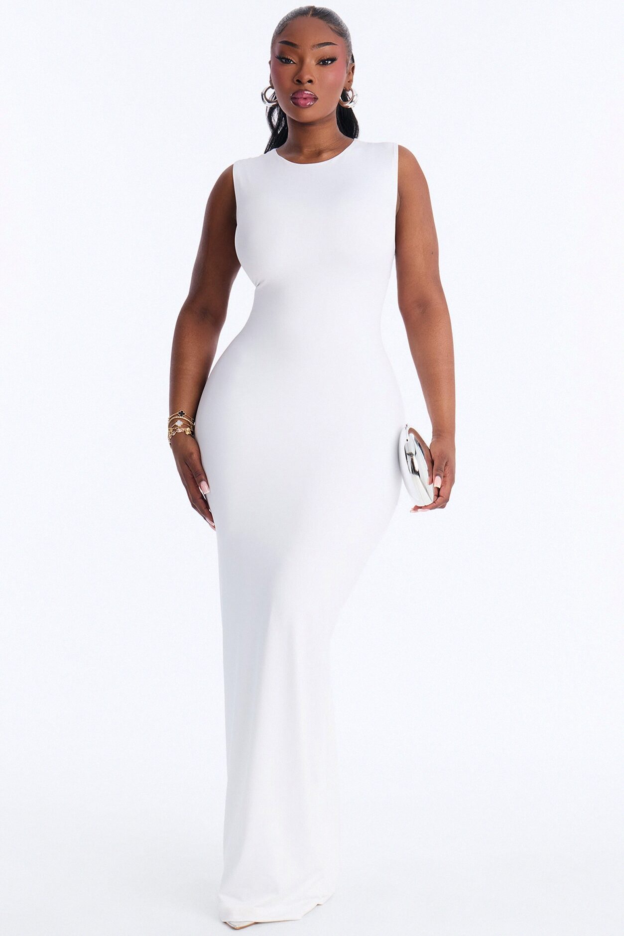 Contour Double Lined Crew Neck Sleeveless Maxi Dress - White
