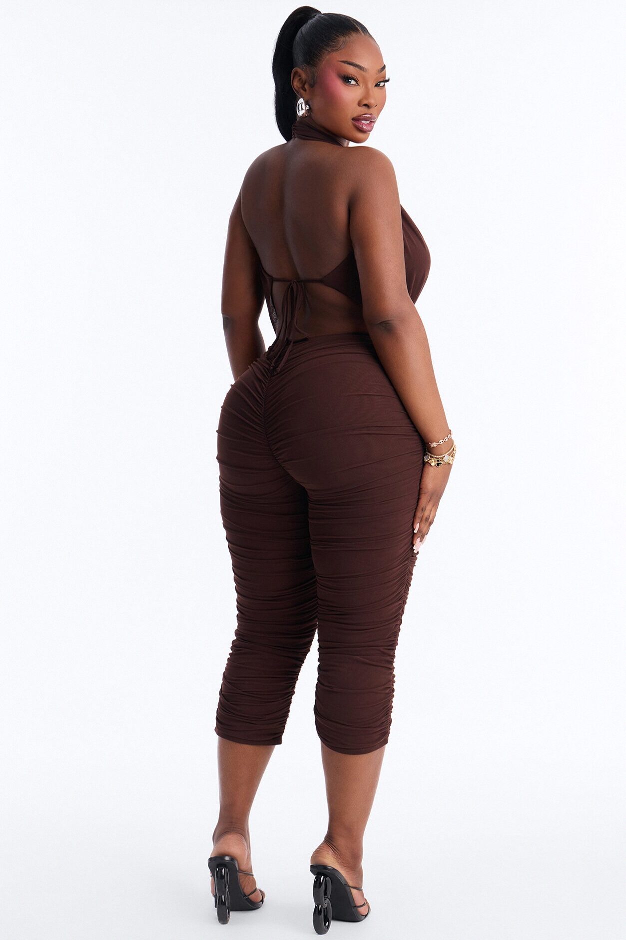 Shayla Ruched Mesh Capri Jumpsuit - Chocolate