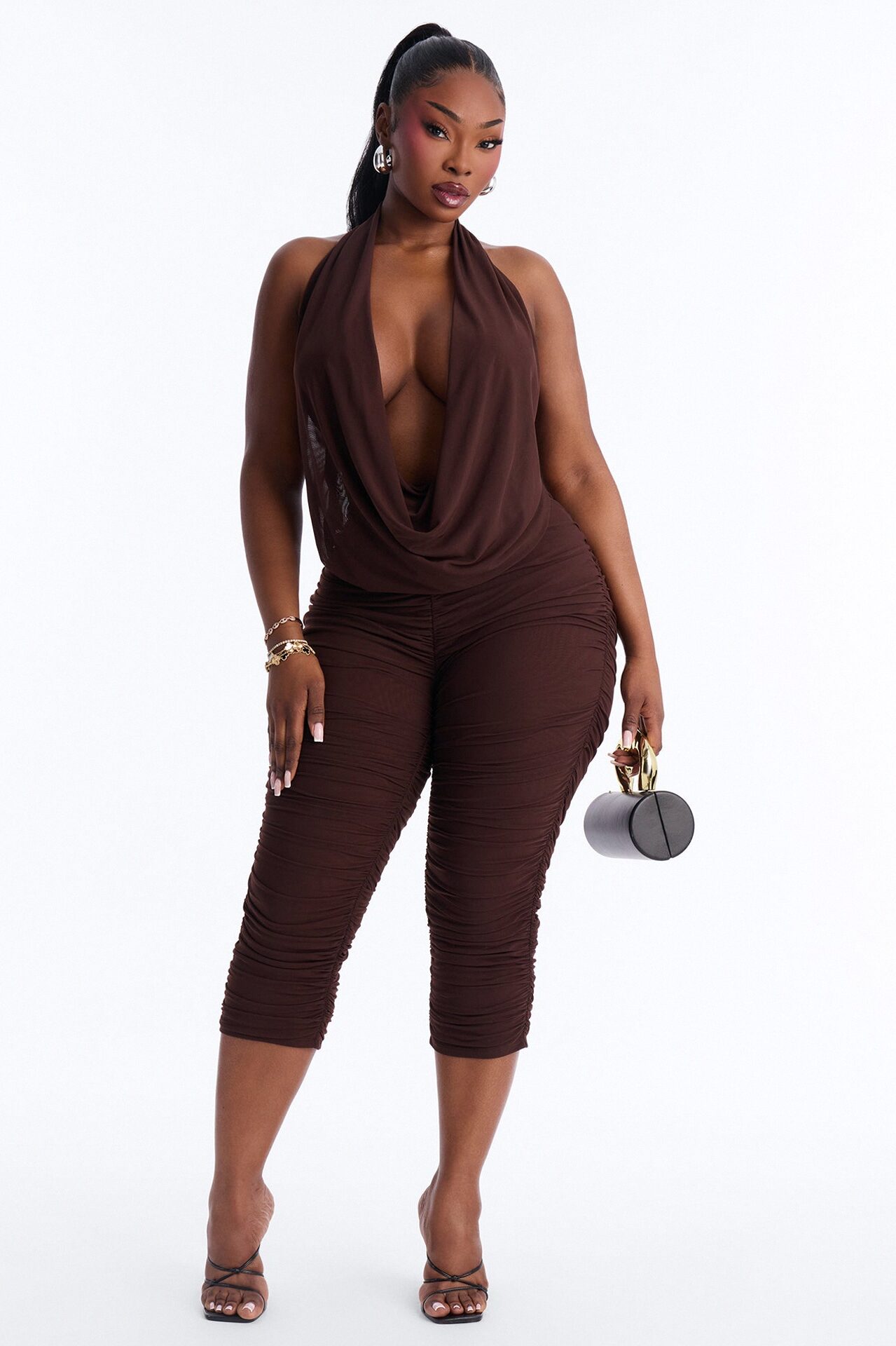 Shayla Ruched Mesh Capri Jumpsuit - Chocolate
