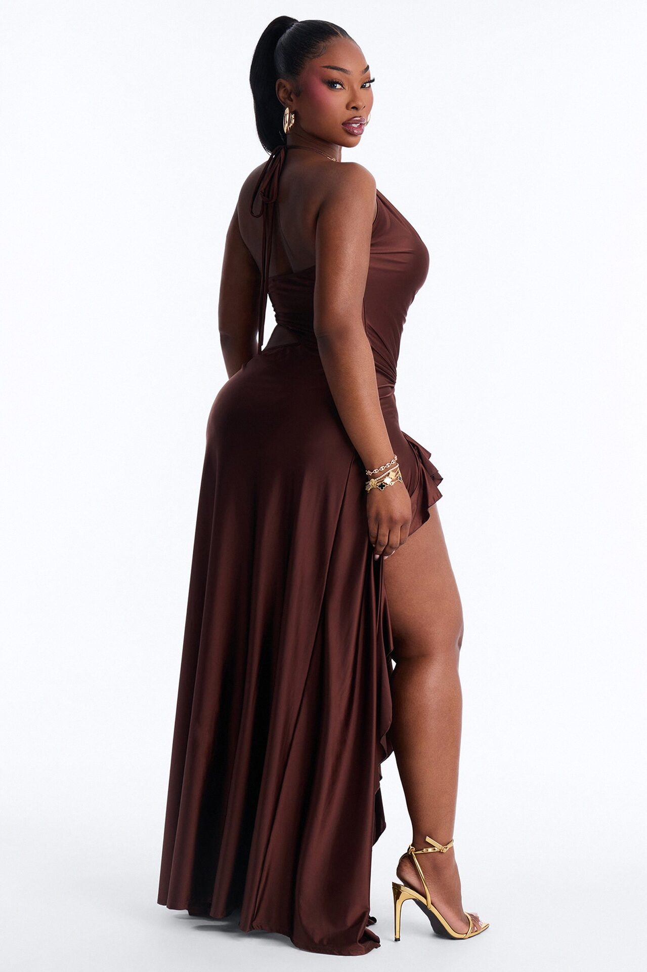 Clarissa Cowl Halter Maxi Dress - Chocolate