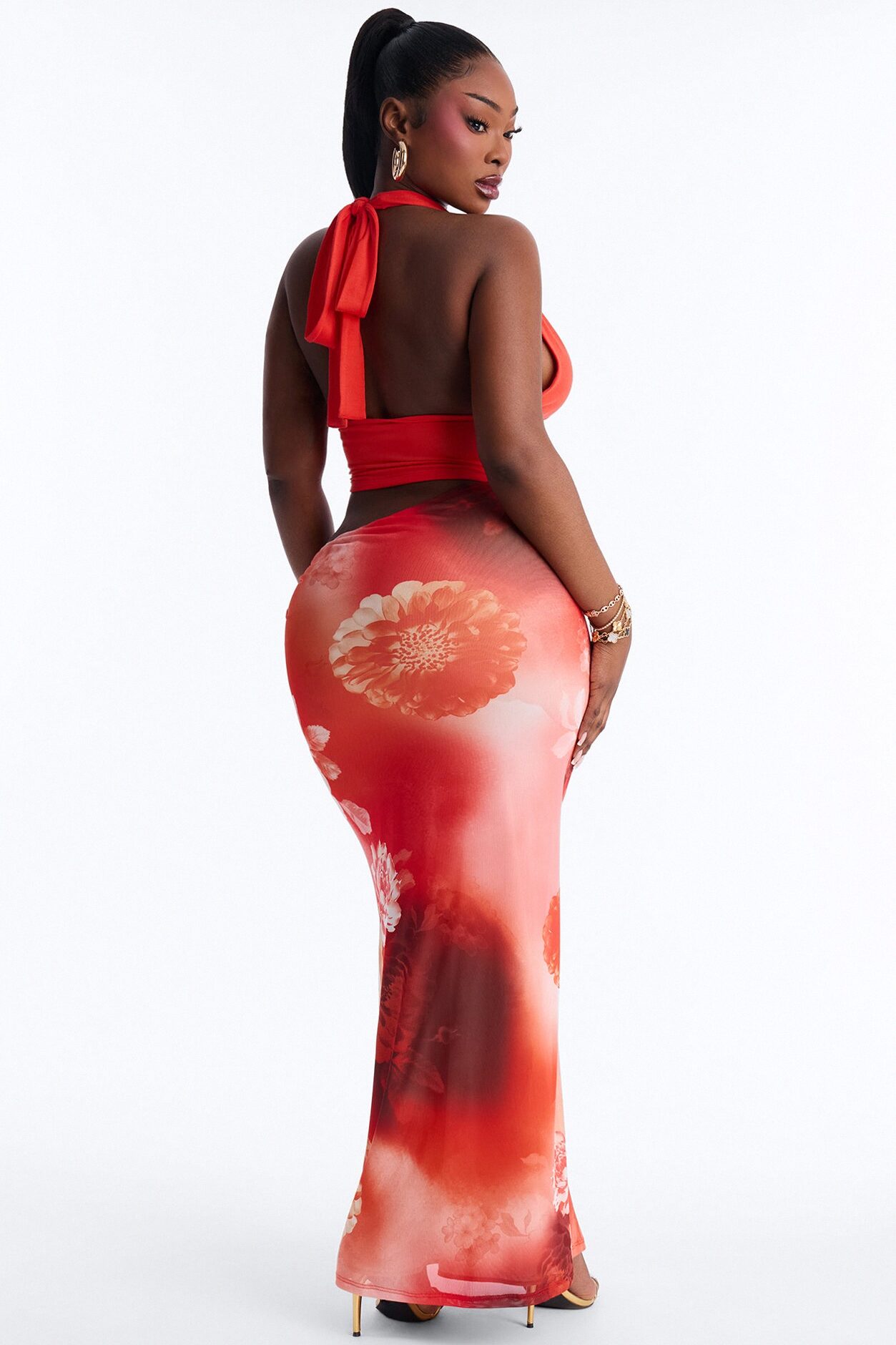 Ainslee Floral Mesh Maxi Dress - Orange/combo