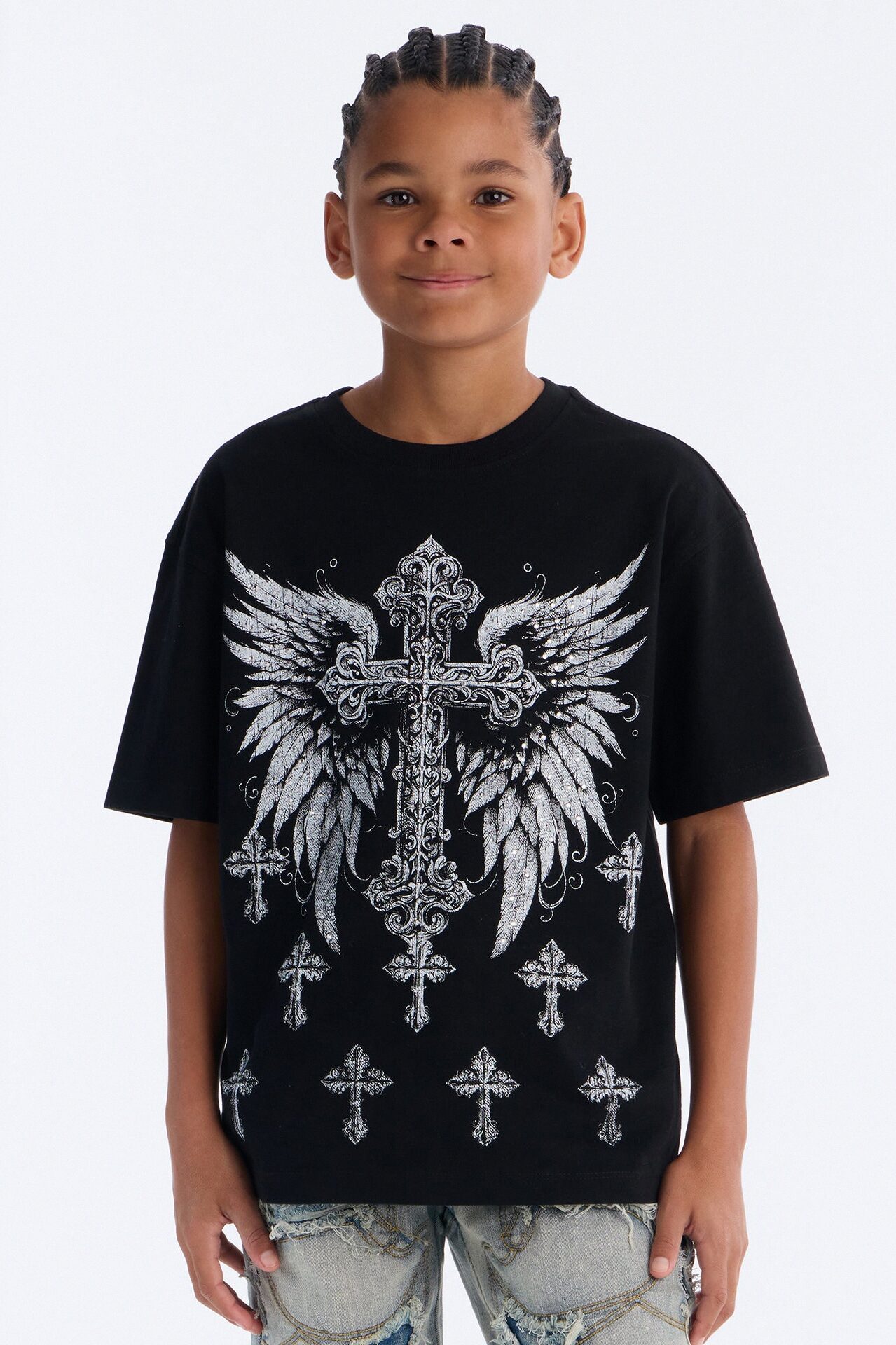 Mini Crosses Forever Rhinestones Oversized Short Sleeve Tee - Black