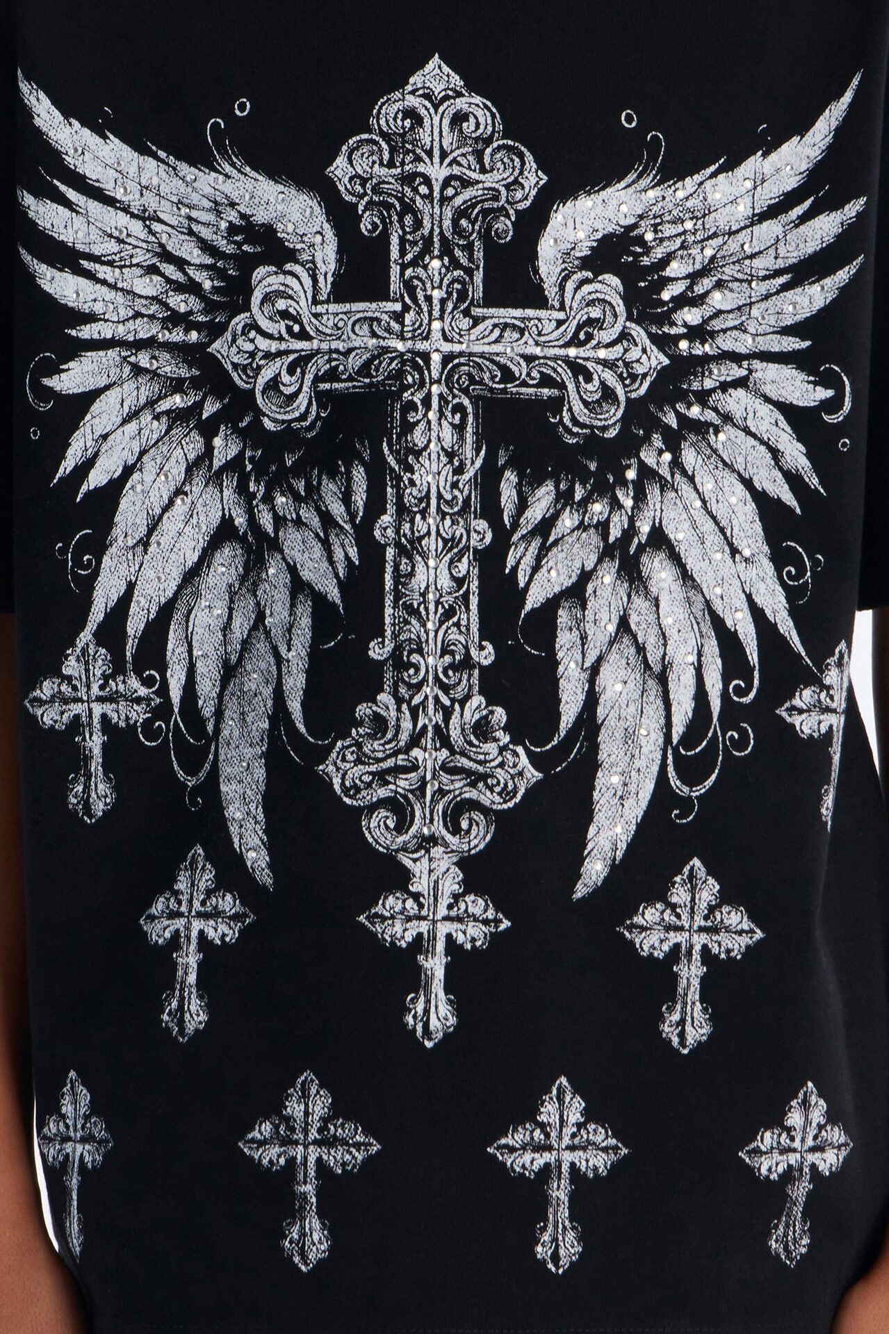 Mini Crosses Forever Rhinestones Oversized Short Sleeve Tee - Black