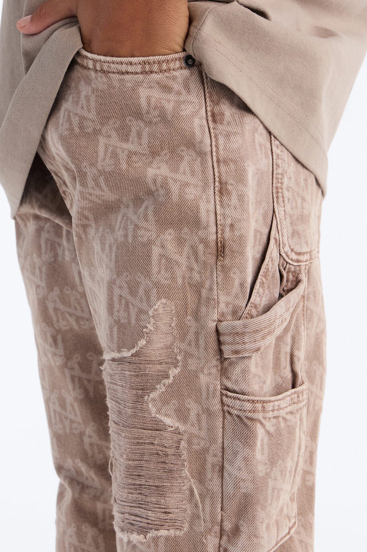 Mini Straight Break Wide Monogram Distressed Jean - Khaki