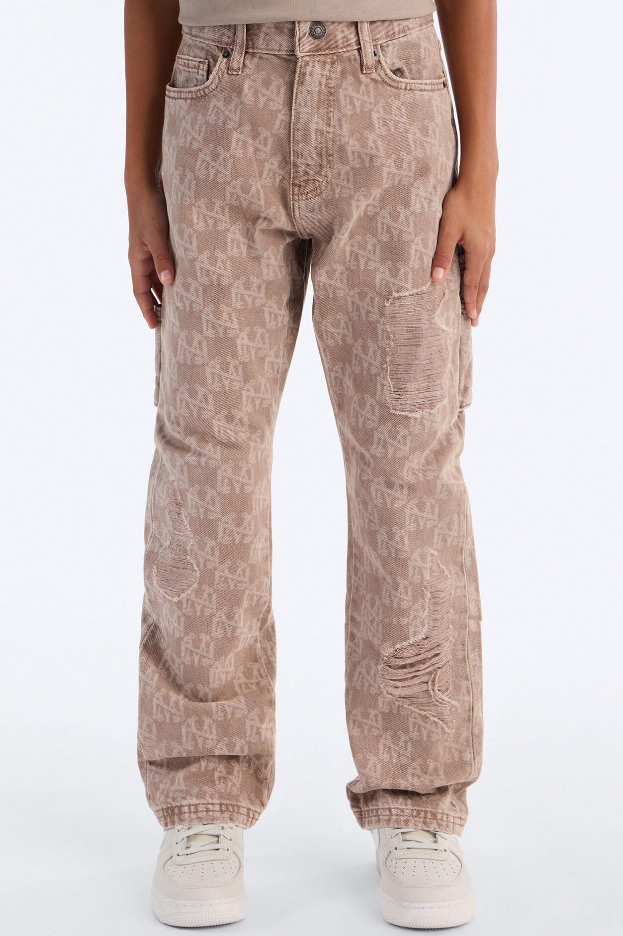 Mini Straight Break Wide Monogram Distressed Jean - Khaki