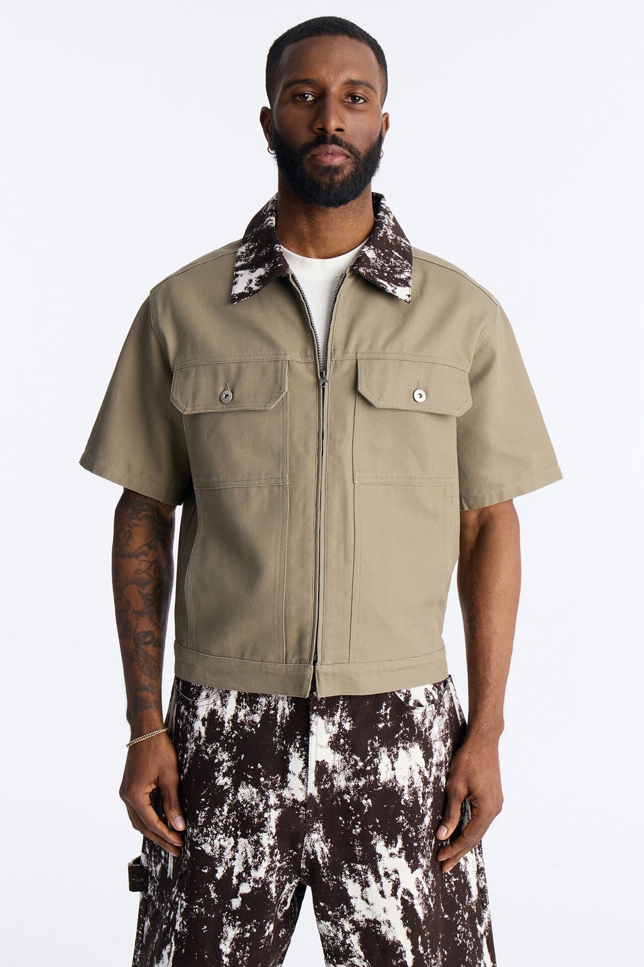 Canon Contrast Collar Zip Up Shirt - Taupe