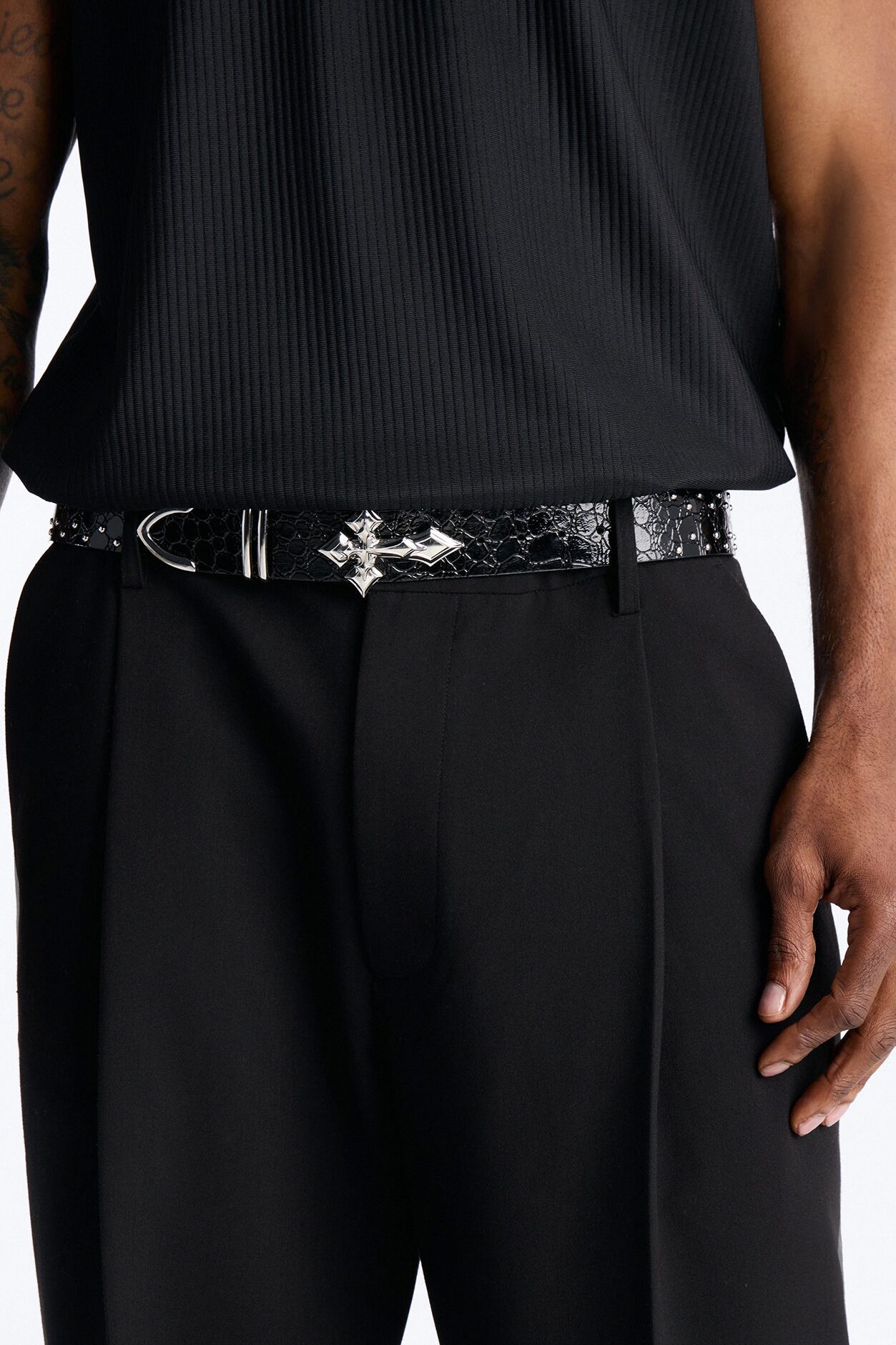 Cross Buckle Embossed Faux Leather Belt - Black