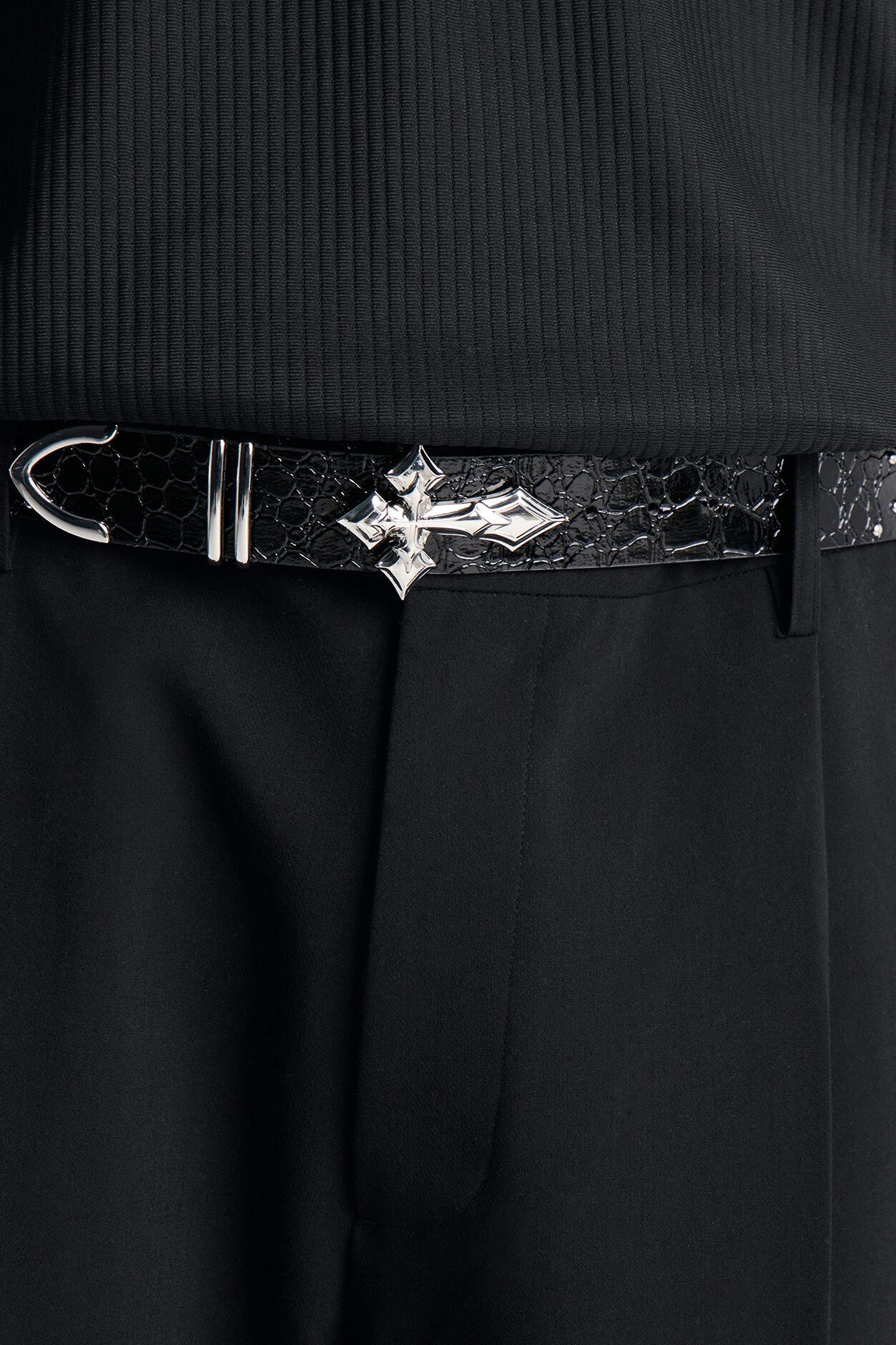 Cross Buckle Embossed Faux Leather Belt - Black