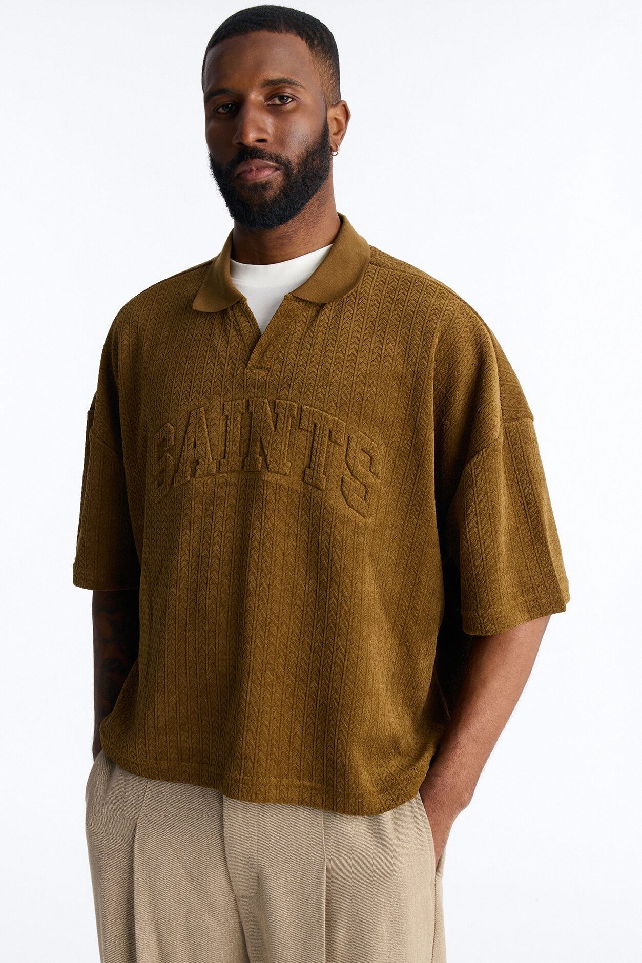 Boxy Cropped Lexington Saints Johnny Collar Polo - Brown