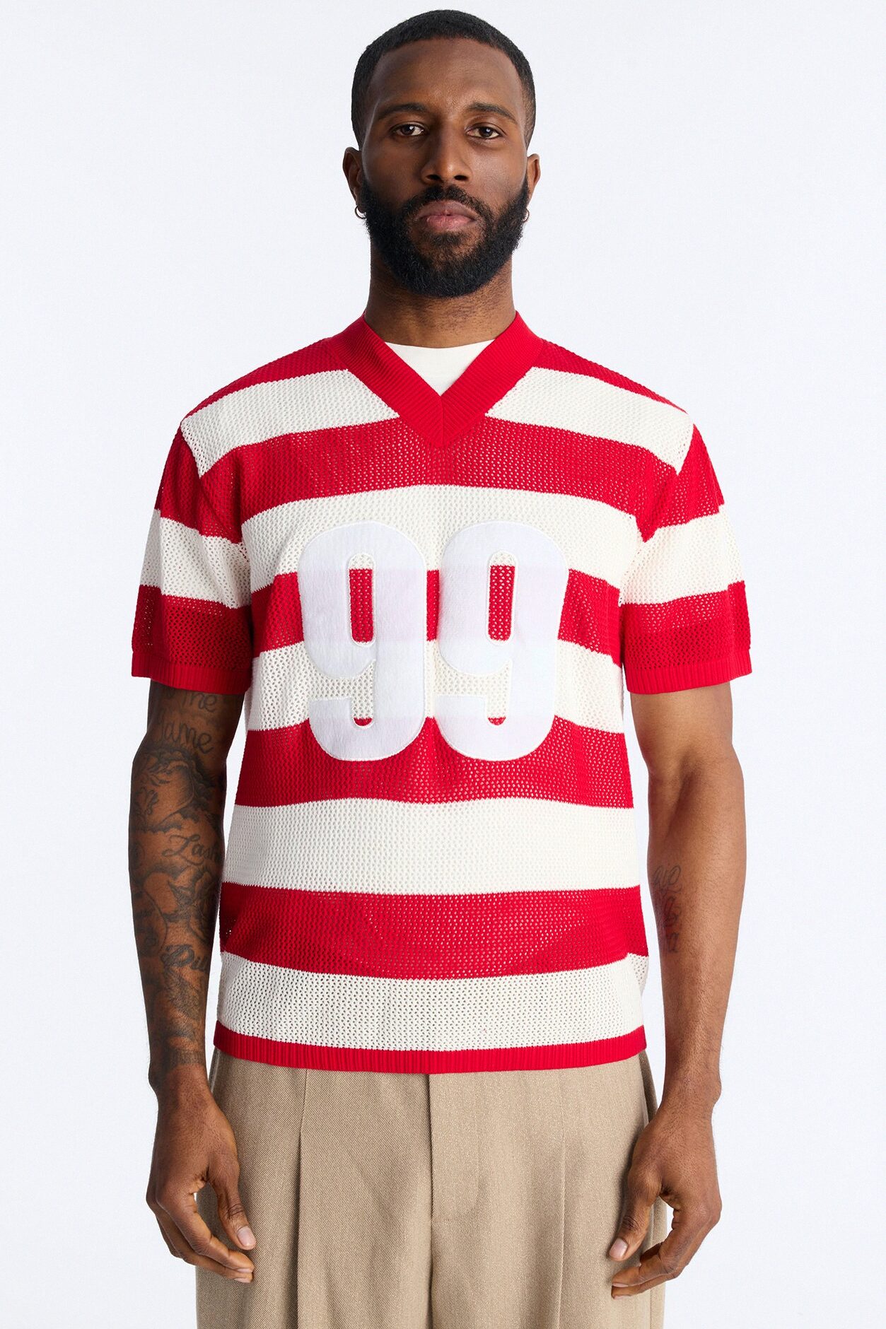 Short Sleeve Striped Crotchet Jersey - Red