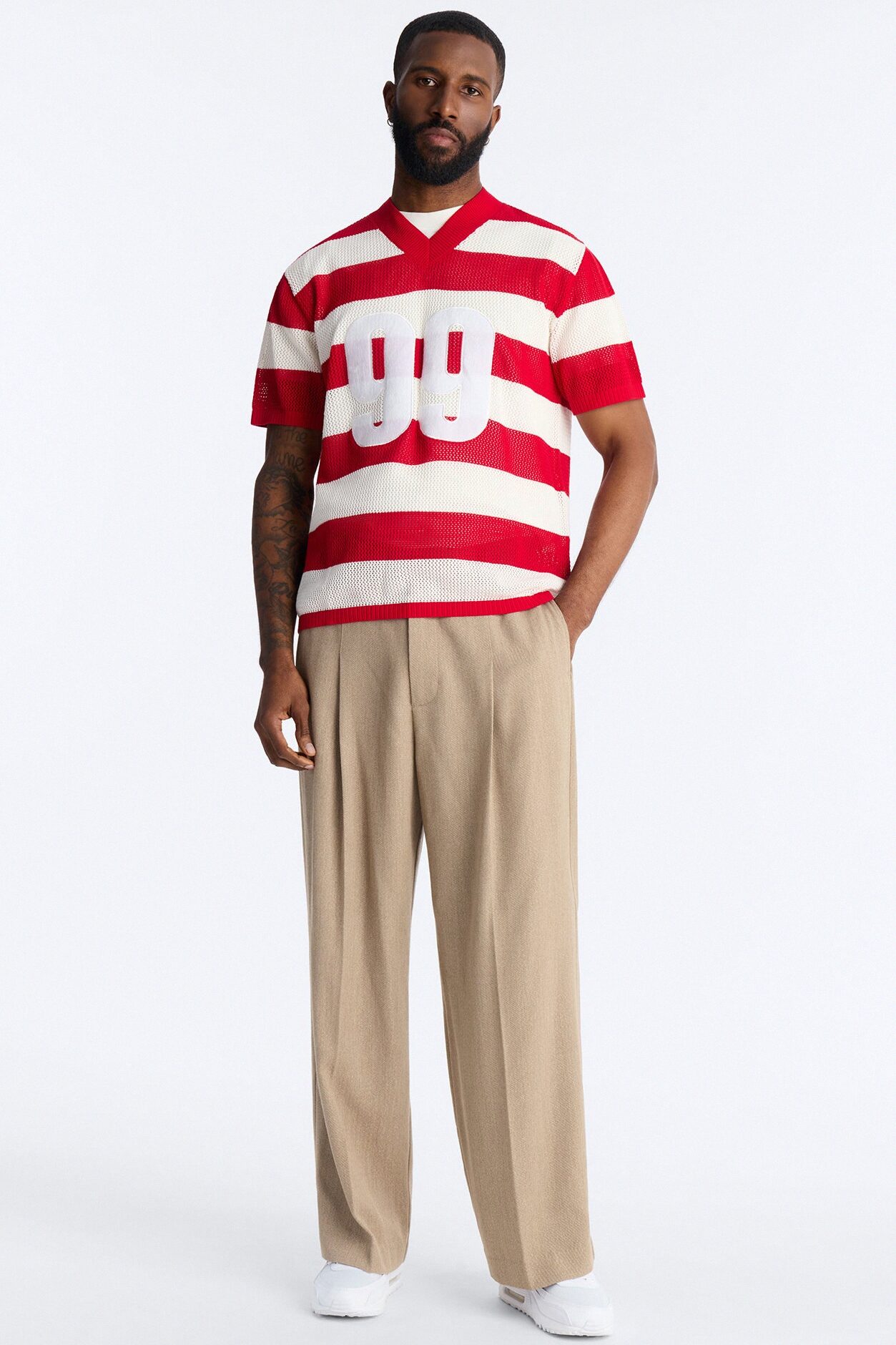 Short Sleeve Striped Crotchet Jersey - Red