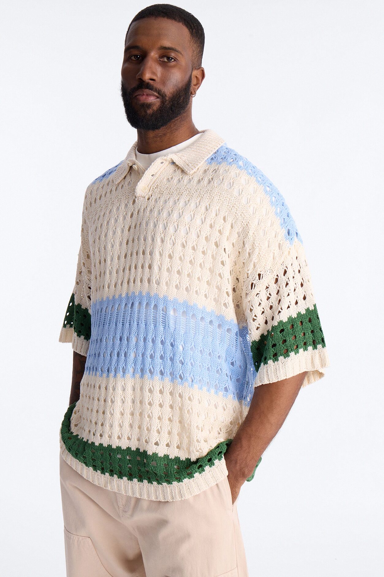 Weathered Stripe Knitted Polo - Light Blue